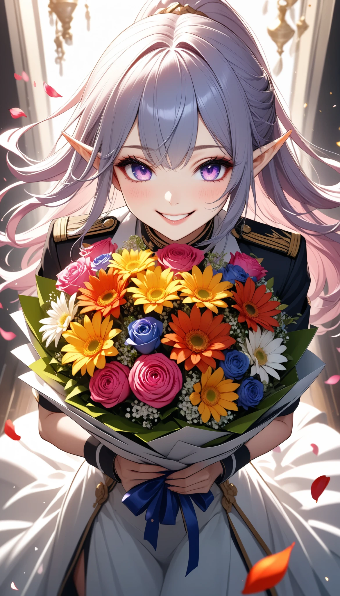 The text says , "thank you 4k followers" Handing you a bouquet, female Admiral , shot from above, \bouquet\, A wide range of colors,  Very Bright Colors ,  Superb details , Elaborate Petals ,  Splendid Fragrance Propagation , \character, "ATLAS",  female Admiral of the dark cute elf \,  gentle smile,  looks very happy,  BREAK Celebrating a New milestone , hzk, 