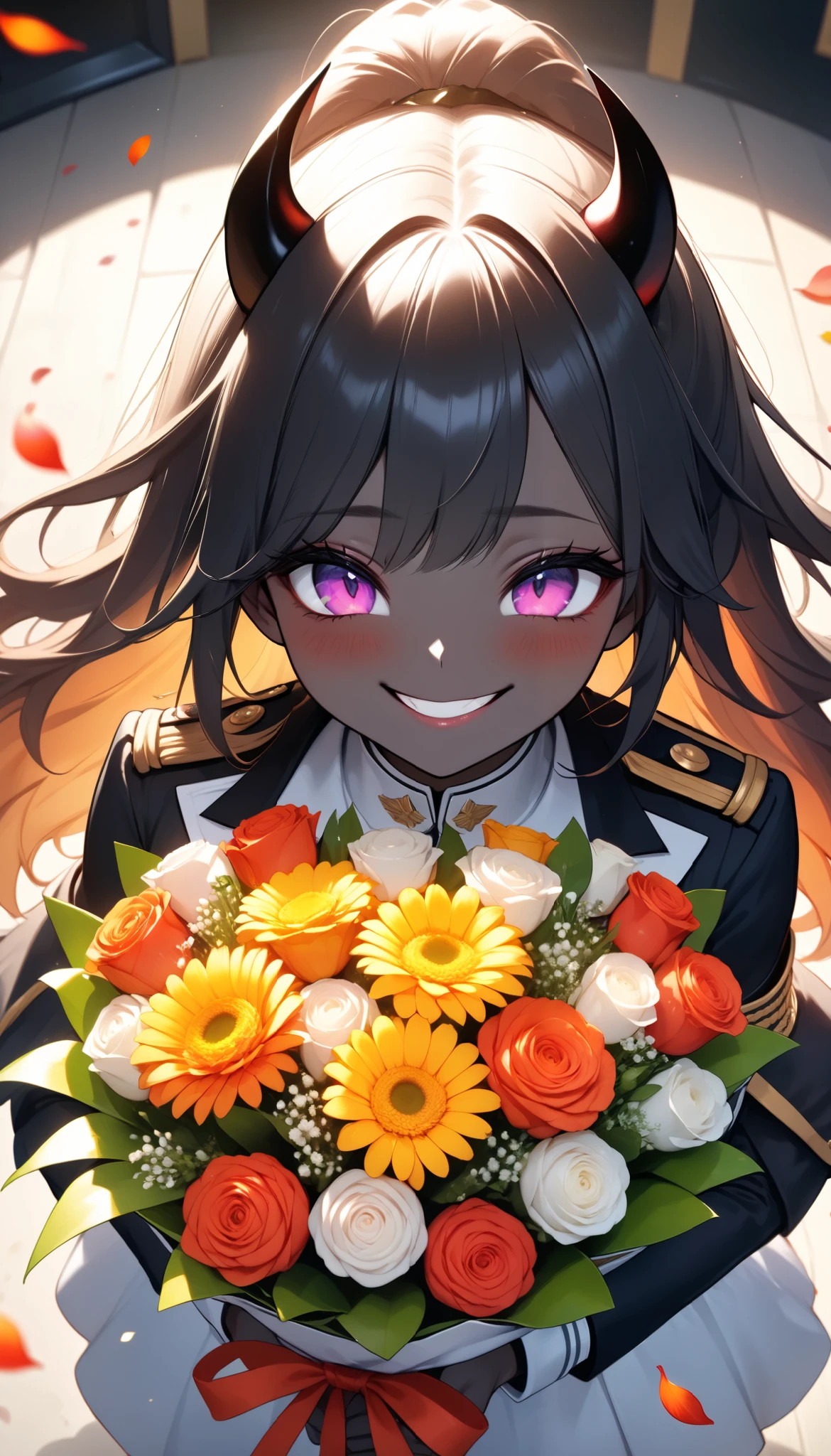 The text says , "thank you 4k followers" Handing you a bouquet, female Admiral , shot from above, \bouquet\, A wide range of colors,  Very Bright Colors ,  Superb details , Elaborate Petals ,  Splendid Fragrance Propagation , BREAK \female Admiral of the (Dark cute devil,) embarrassed face \,  light black skin,  gentle smile,  looks very happy,  BREAK Celebrating a New milestone , hzk, 