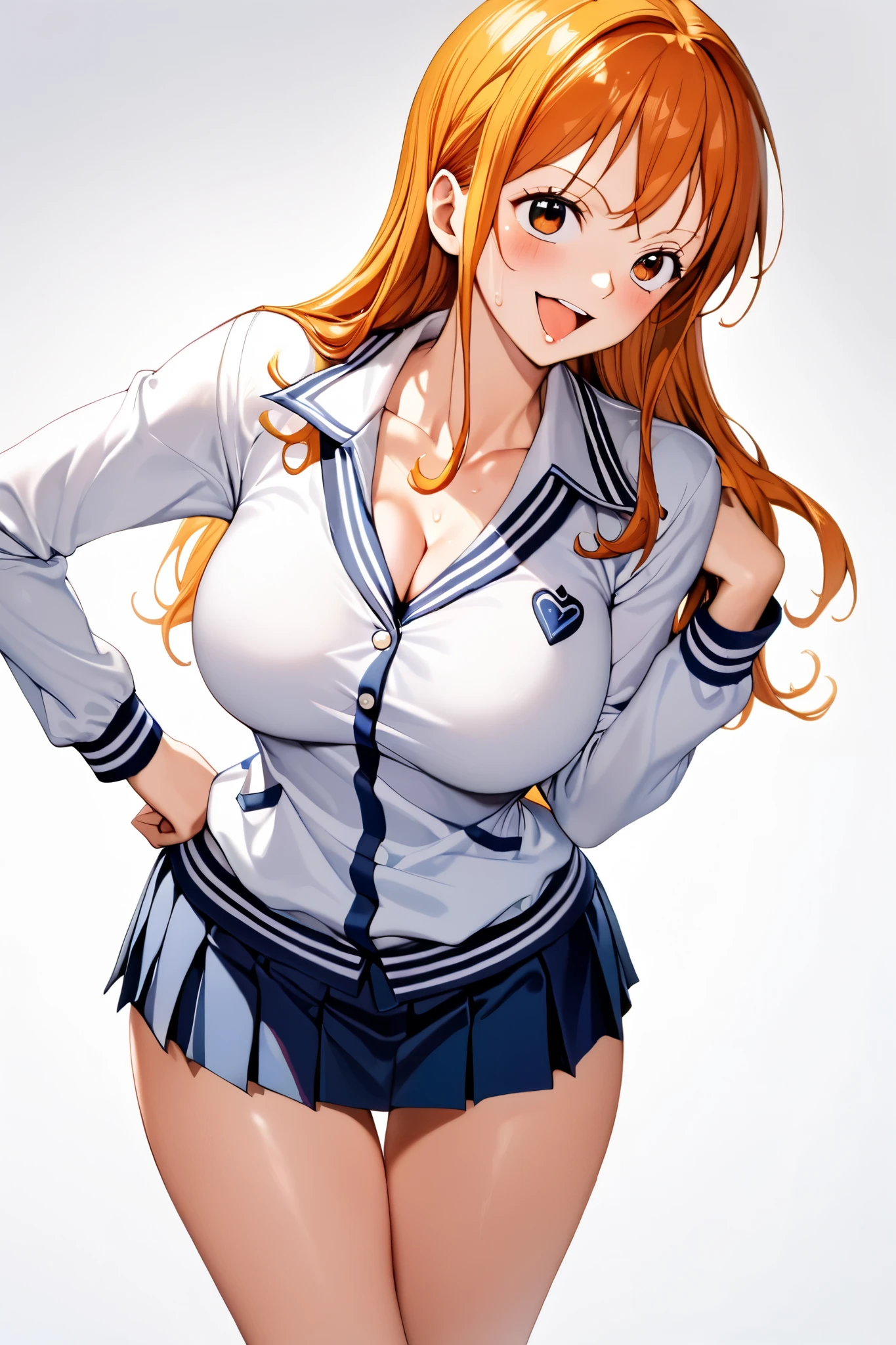 masterpiece, Best Quality, High resolution,16k,official art,super detailed skin,detailed,animated painting,(Nami:1.5),(onepiece:1.5),1990s \(style\),(E-cup beautiful breasts)、 (tall:1.2),height: 175cm,Fashion model body type、clevage, Sexy long legs,(highschool uniform,white long-sleave shirt,mini skirt:1.2),underboob,Abdominal muscles、, orange hair、long hair,long eyelushes,Muscular、1girl,solo,nsfw,sexy,big laugh,shy,blush,(vulgarity:1.3)、(Ahegao:1.2),Anime-style painting style,Close up on full body,Cinematic lighting,Superfine,Seductively Posing,dynamic angle, closeup shot,simple white background,Sweating all over the body,splead legs,morning,closeup