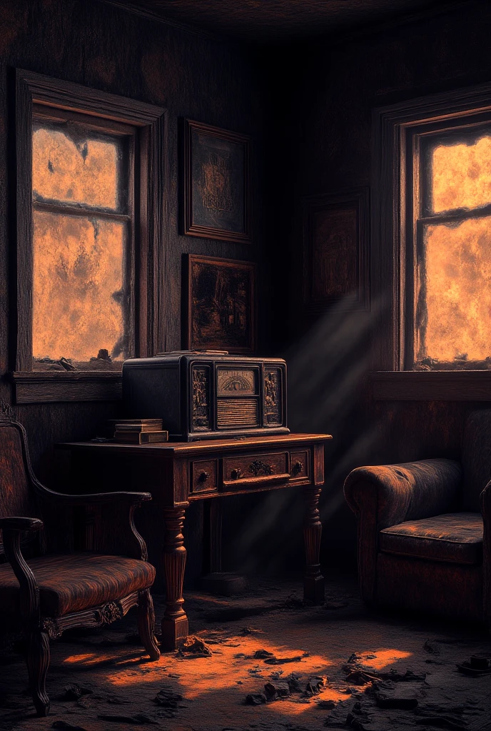 Interior of a cozy but dusty cabin, featuring an old radio on a table and faded furniture.