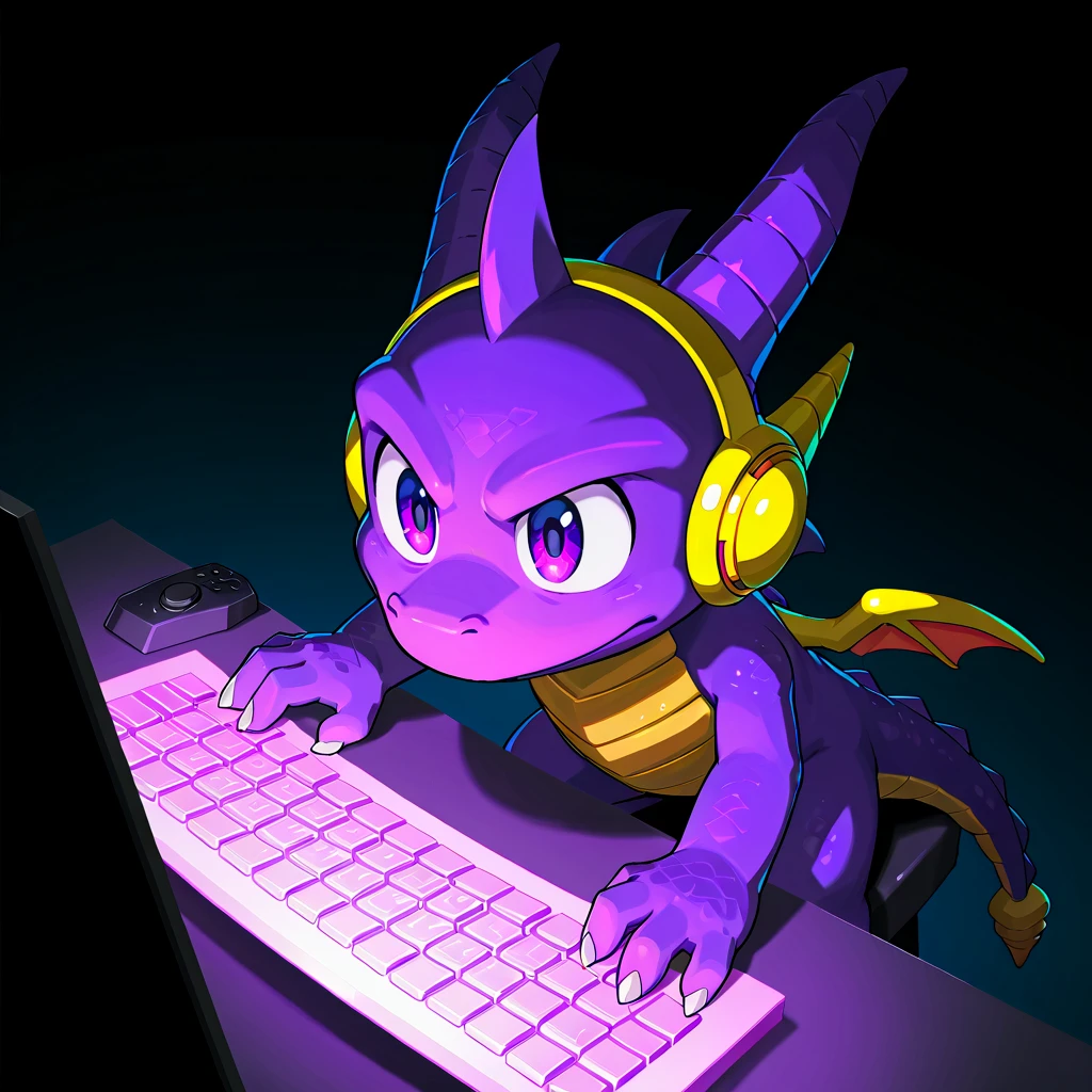 Dragon calf, small, purple scales, magenta accent, detailed magenta eyes, sitting at a desk with a gaming setup, wearing glowing rainbow headphones with crystals floating nearby