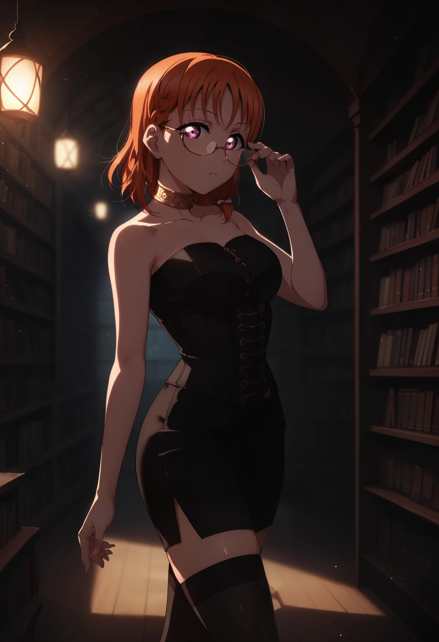 dynamic lighting , love live art style, takami chika , orange hair, medium hair, pink eyes, side braid, circle glasses, corset, pencil skirt,collarbone,neck ring, thighhighs, in black dark library , night , looking at viewer, strapless , adjusting glasses , shiny skin,thin waist,curvy hips,solo,dramatic , shiny skin,RUKIA Style, walking, white lighting, from side