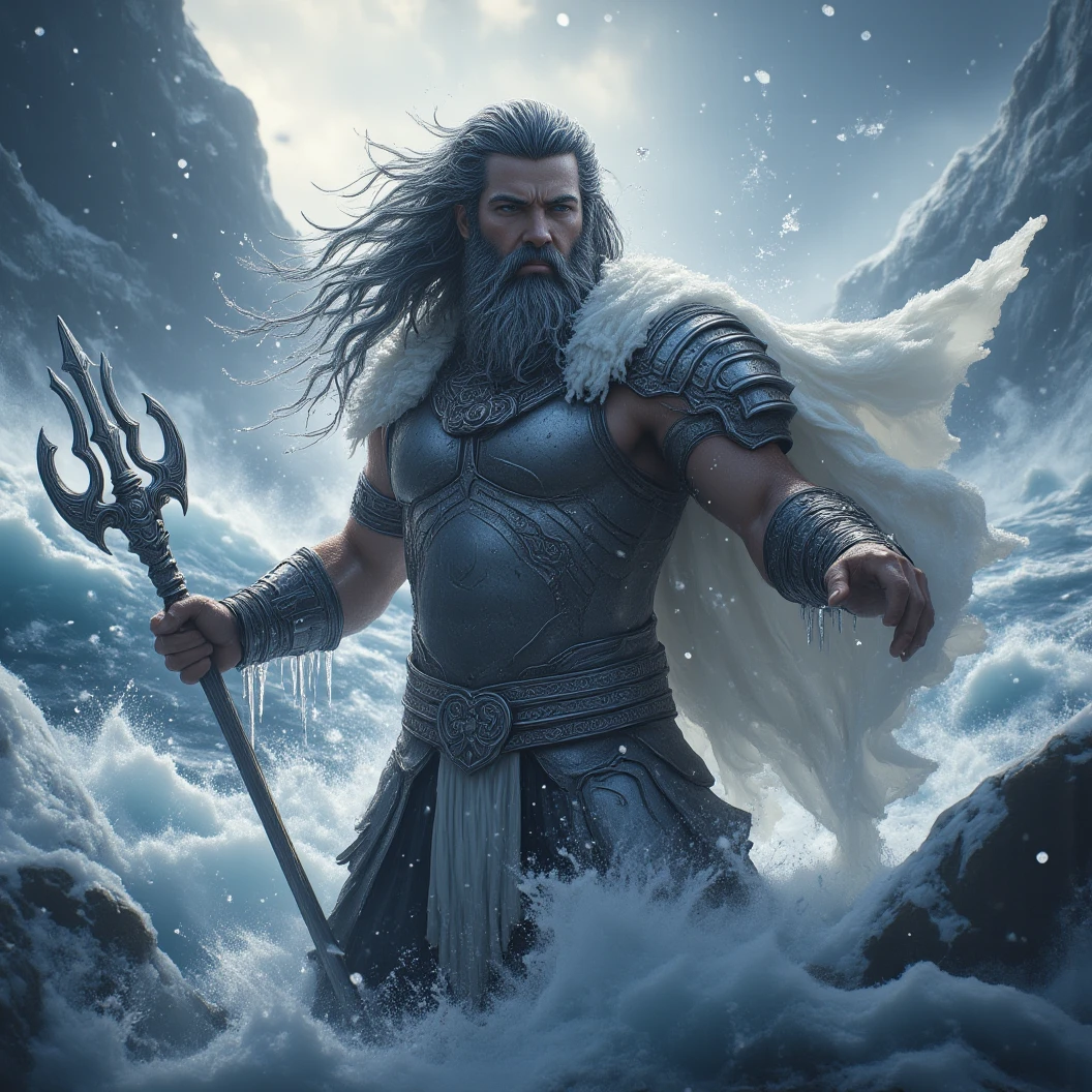 giant God emerging from the water, powerful and beautiful face and very detailed, lightning and storm in the sky, intricately detailed robes, determined gaze, 50mm camera, epic, dramatic environment, blazing light