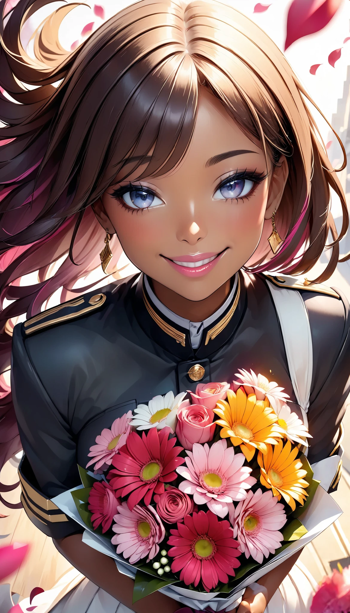 The text says , "thank you 4k followers" Handing you a bouquet, female Admiral , shot from above, \bouquet\, A wide range of colors,  Very Bright Colors ,  Superb details , Elaborate Petals ,  Splendid Fragrance Propagation , BREAK \female Admiral like the (JK style,) \,  glossy brown skin, beautiful oily skin, shiny skin, attractive JK smile, glossy pink lip, looks very happy,  BREAK Celebrating a New milestone , aya, 