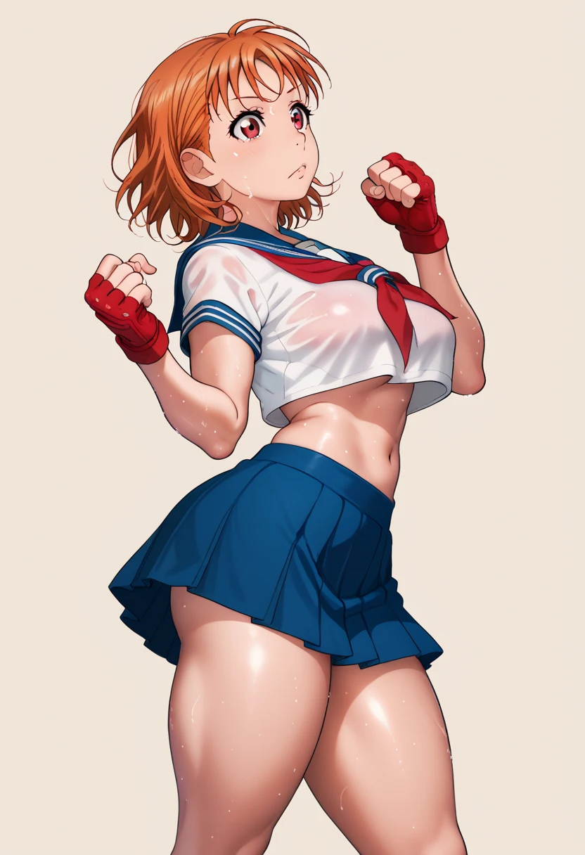 Solo,1girl, takami chika, medium hair, orange hair, red eyes,standing, sporty athletic build, confident pose, big breasts, breasts outlines, score_9, score_8_up, score_7_up, score_6_up,blue skirt, crop top, midriff, miniskirt, navel, sailor , school uniform, short sleeves, skirt, stomach, shirt, white shirt, red fingerless gloves,sweating, detailed body, shiny skin , RUKIA Style, web comic,toned thighs, sexy pose, simple background, clenched hands, slightly from side,underbutt