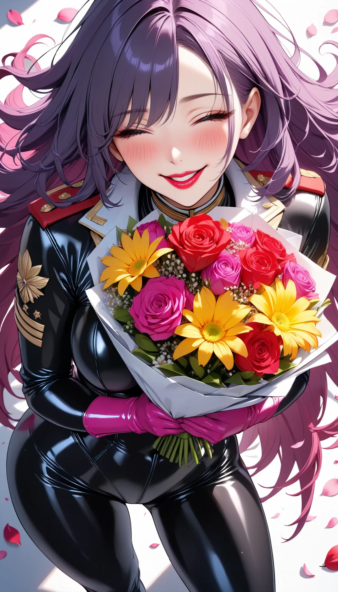 The text says , "thank you 4k followers" Handing you a bouquet, female Admiral , shot from above, \bouquet\, A wide range of colors,  Very Bright Colors ,  Superb details , Elaborate Petals ,  Splendid Fragrance Propagation , BREAK \female Admiral of the (short latex suit pant style,) embarrassed face \,  vivid cherry lip, sensual smile,  looks very orgasm,  BREAK Celebrating a New milestone , kiri, 