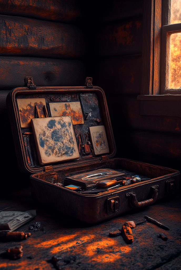 A suitcase on the cabin floor, partially open with art supplies inside.