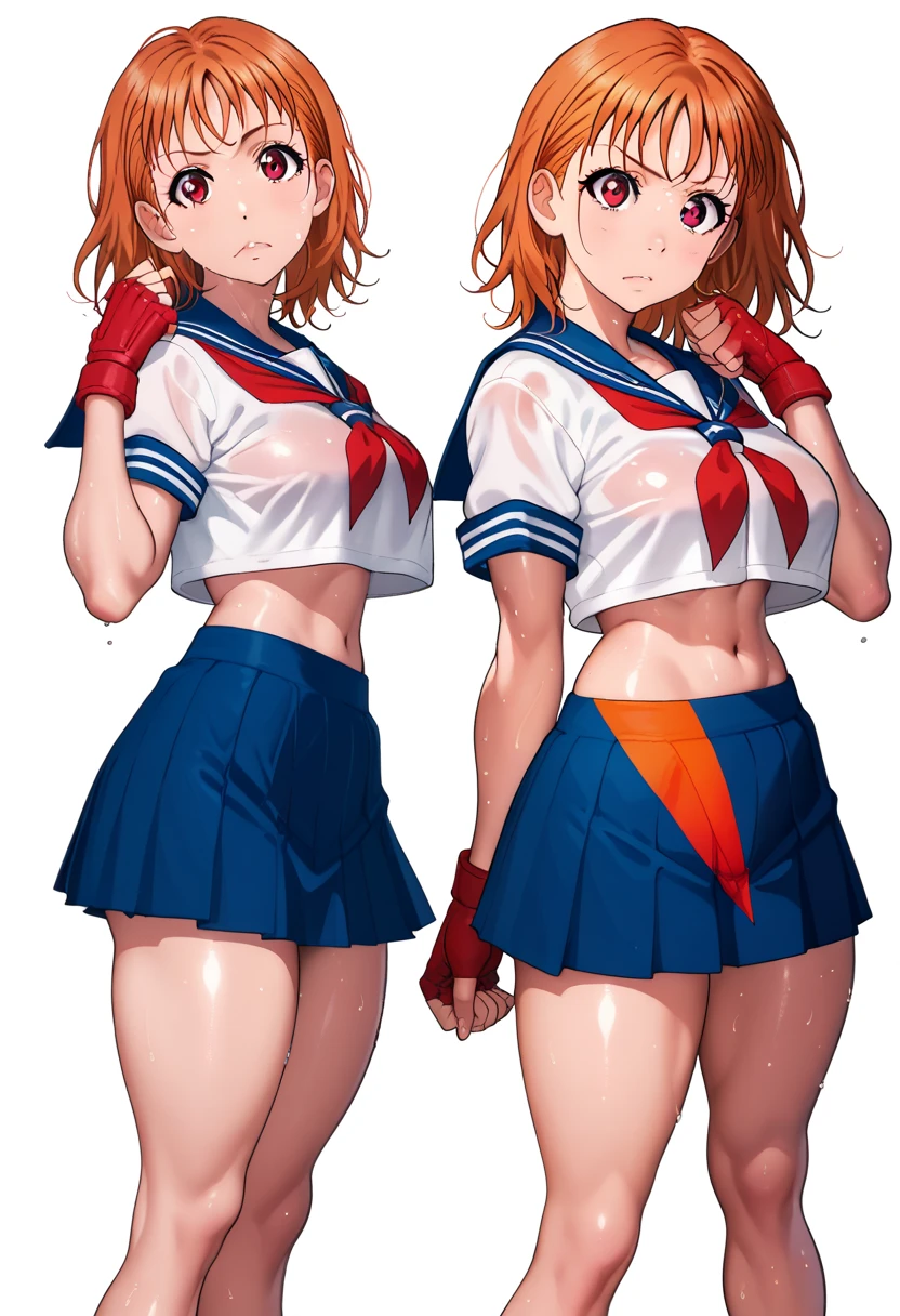 Solo,1girl, takami chika, medium hair, orange hair, red eyes,standing, sporty athletic build, confident pose, big breasts, breasts outlines, score_9, score_8_up, score_7_up, score_6_up,blue skirt, crop top, midriff, miniskirt, navel, sailor , school uniform, short sleeves, skirt, stomach, shirt, white shirt, red fingerless gloves,sweating, detailed body, shiny skin , RUKIA Style, web comic,toned thighs, sexy pose, simple background, clenched hands, slightly from side,underbutt, looking at viewer