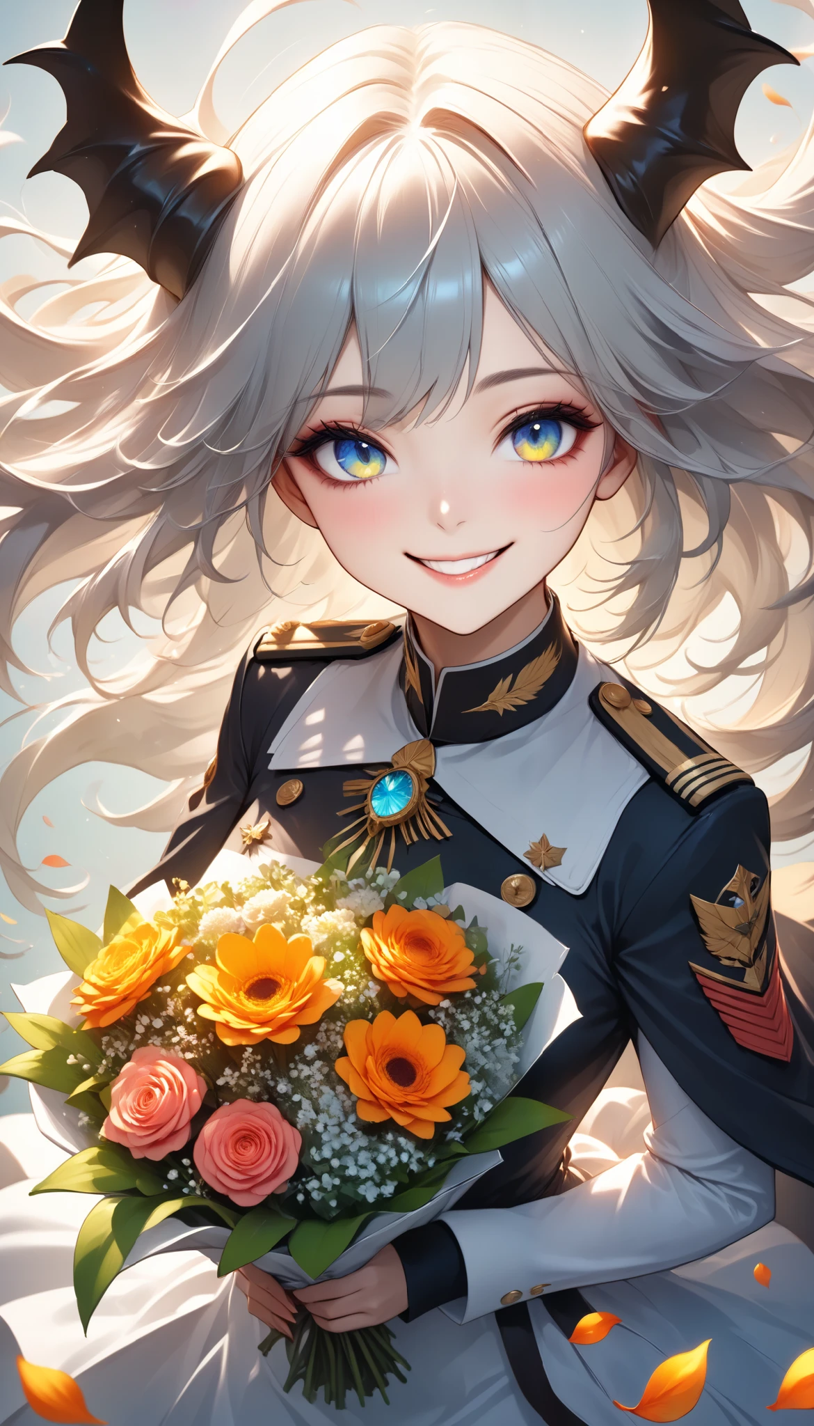 The text says , "thank you 4k followers" Handing you a bouquet, female Admiral , shot from above, \bouquet\, A wide range of colors, Very Bright Colors , Superb details , Elaborate Petals , Splendid Fragrance Propagation , \character, "ATLAS", female Admiral of the dark cute devil \, gentle smile, looks very happy, BREAK Celebrating a New milestone , spirit of the wind, hzk,