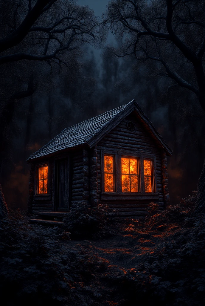 The cabin at night, with the windows glowing faintly and the surrounding woods dark and ominous.