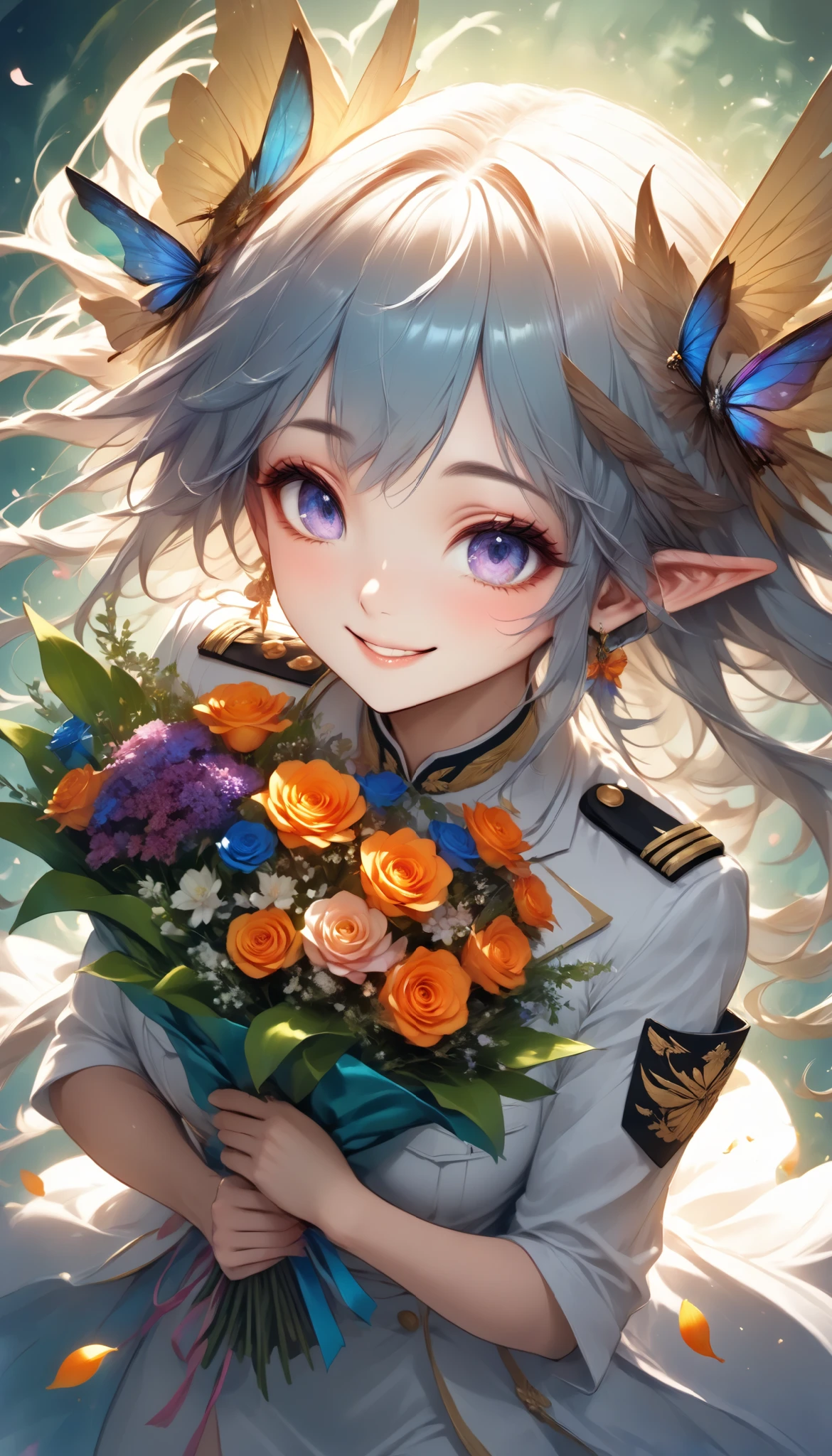 The text says , "thank you 4k followers" Handing you a bouquet, female Admiral , shot from above, \bouquet\, A wide range of colors, Very Bright Colors , Superb details , Elaborate Petals , Splendid Fragrance Propagation , \character, "ATLAS", female Admiral of the dark cute elf \, gentle smile, looks very happy, BREAK Celebrating a New milestone , spirit of the wind, hzk,