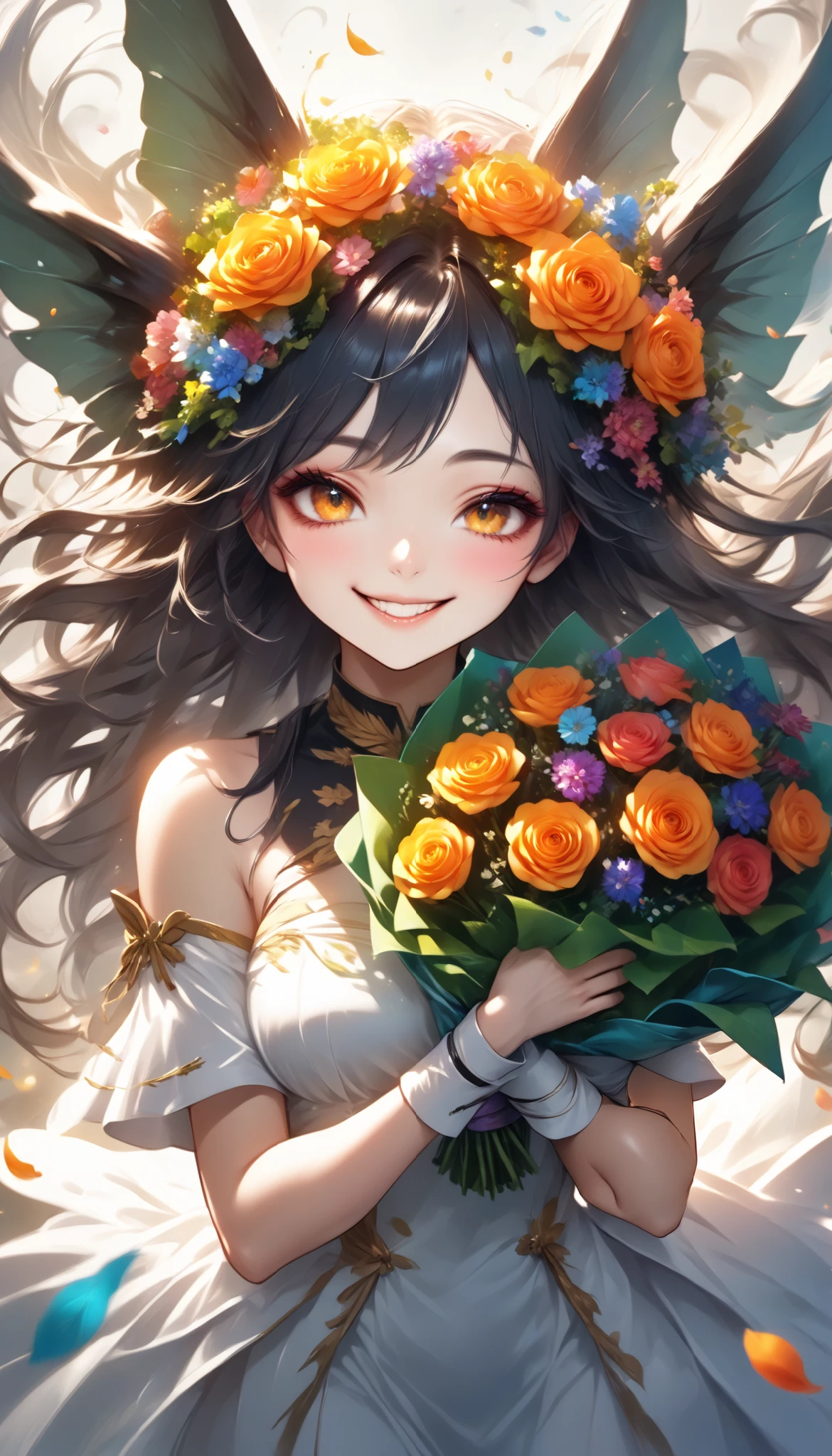 The text says , "thank you 4k followers" Handing you a bouquet, female Admiral , shot from above, \bouquet\, A wide range of colors, Very Bright Colors , Superb details , Elaborate Petals , Splendid Fragrance Propagation , \character, "ATLAS", female Admiral of the dark cute devil \, gentle smile, looks very happy, BREAK Celebrating a New milestone , spirit of the wind, hzk,