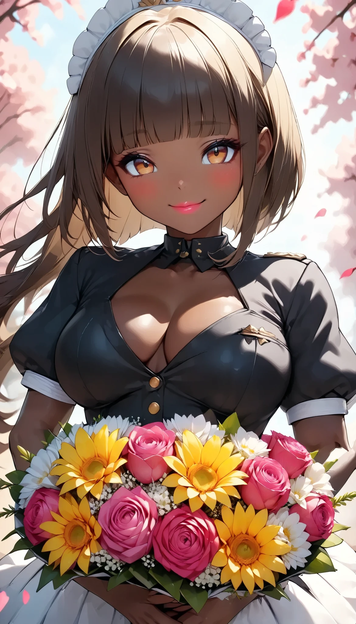 The text says , "thank you 4k followers" Handing you a bouquet, female Admiral , shot from above, \bouquet\, A wide range of colors,  Very Bright Colors ,  Superb details , Elaborate Petals ,  Splendid Fragrance Propagation , BREAK \female Admiral like the (JK style,) \,  glossy brown skin, beautiful oily skin, shiny skin, attractive JK smile, glossy pink lip, looks very happy,  natural transformation, BREAK Celebrating a New milestone , bshp, black:100, 