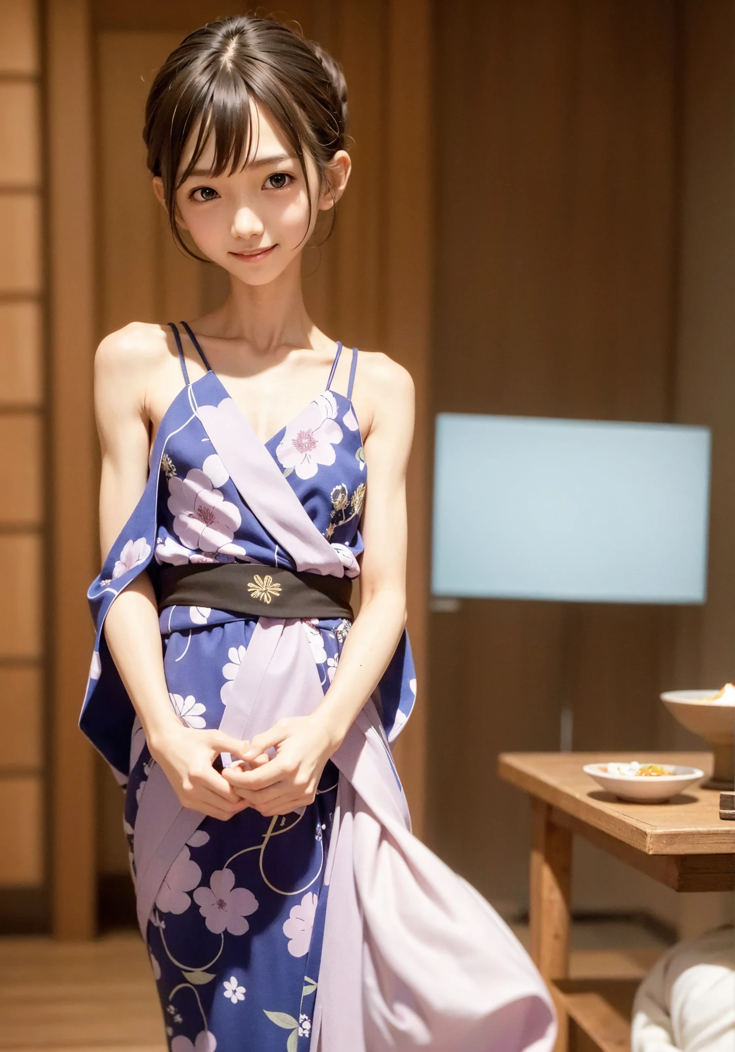  Japanese,Yukata,Lanky,little,underweight,Narrow shoulders,Thin arms, Cute Girl ,masterpiece, Details,4K,8k,16k, very skinny,younger,, Watching Viewers ,smile