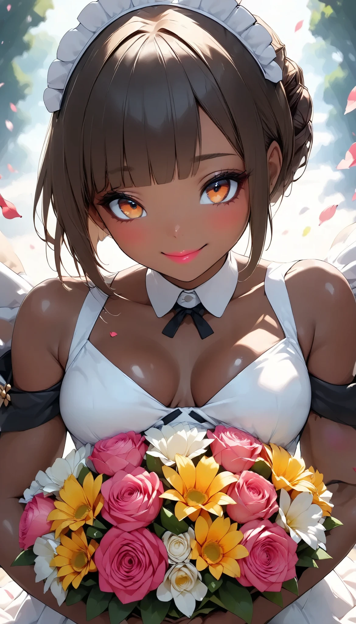 The text says , "thank you 4k followers" Handing you a bouquet, female Admiral , shot from above, \bouquet\, A wide range of colors,  Very Bright Colors ,  Superb details , Elaborate Petals ,  Splendid Fragrance Propagation , BREAK \female Admiral like the (JK style,) \,  glossy brown skin, beautiful oily skin, shiny skin, attractive JK smile, glossy pink lip, looks very happy,  natural transformation, BREAK Celebrating a New milestone , bshp, black:100, 