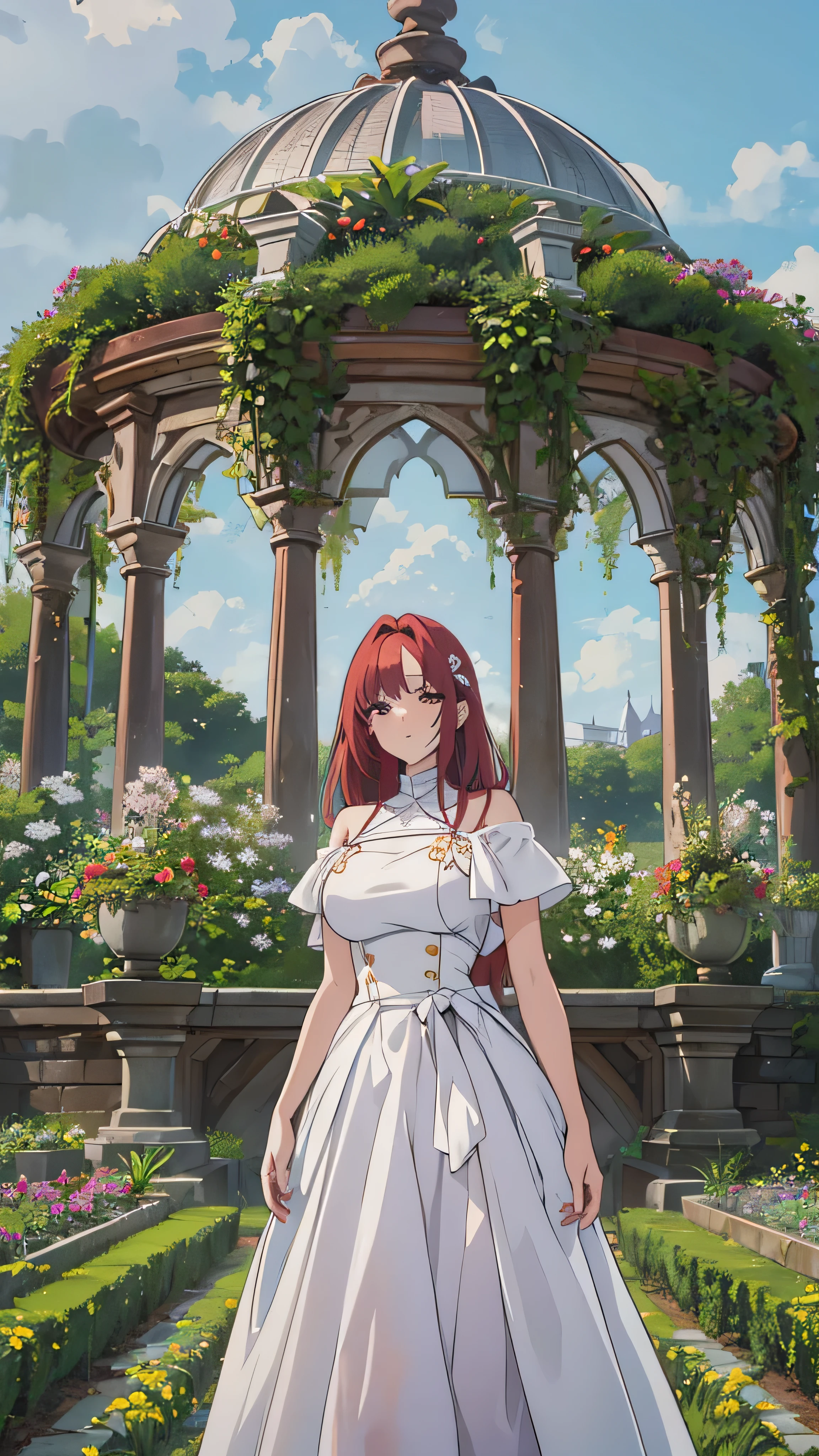  highdefinition images , white dress,  a huge space with cute hair ornaments, Maroon hair in the garden ,顔の Details、  beauty,  is tall, Inside a huge space  ,  long hair,  Clevis on the Stone , Emotionless,  Details, whole body,  a colorful botanical garden venue 。