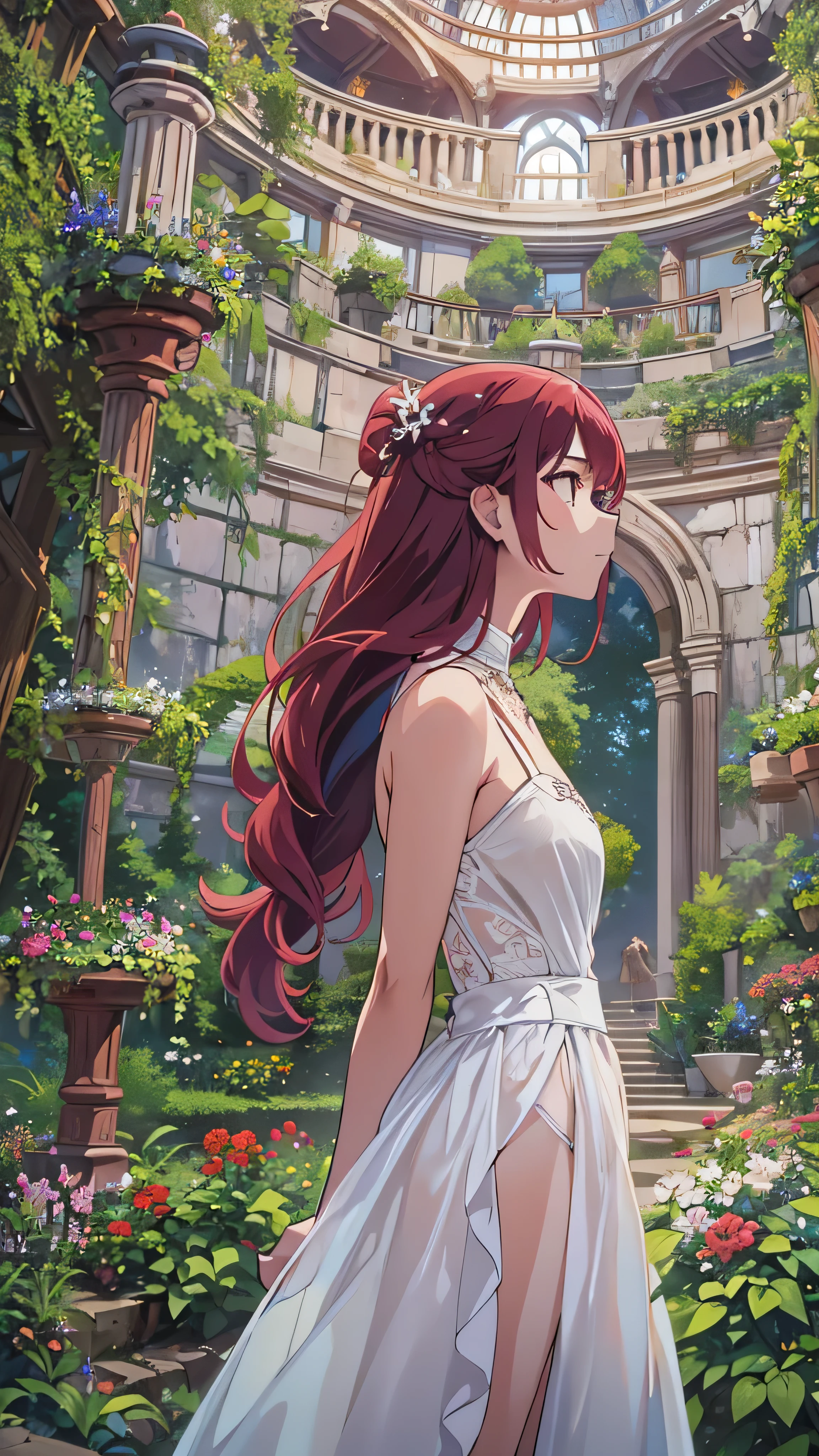  highdefinition images , white dress,  huge space with cute hair ornaments, Maroon hair in the garden ,顔の Details、  beauty,  is tall, Inside a huge space  ,  long hair, in a pink dress 、  Clevis on the Stone , Emotionless,  Details, whole body,  a colorful botanical garden venue 。