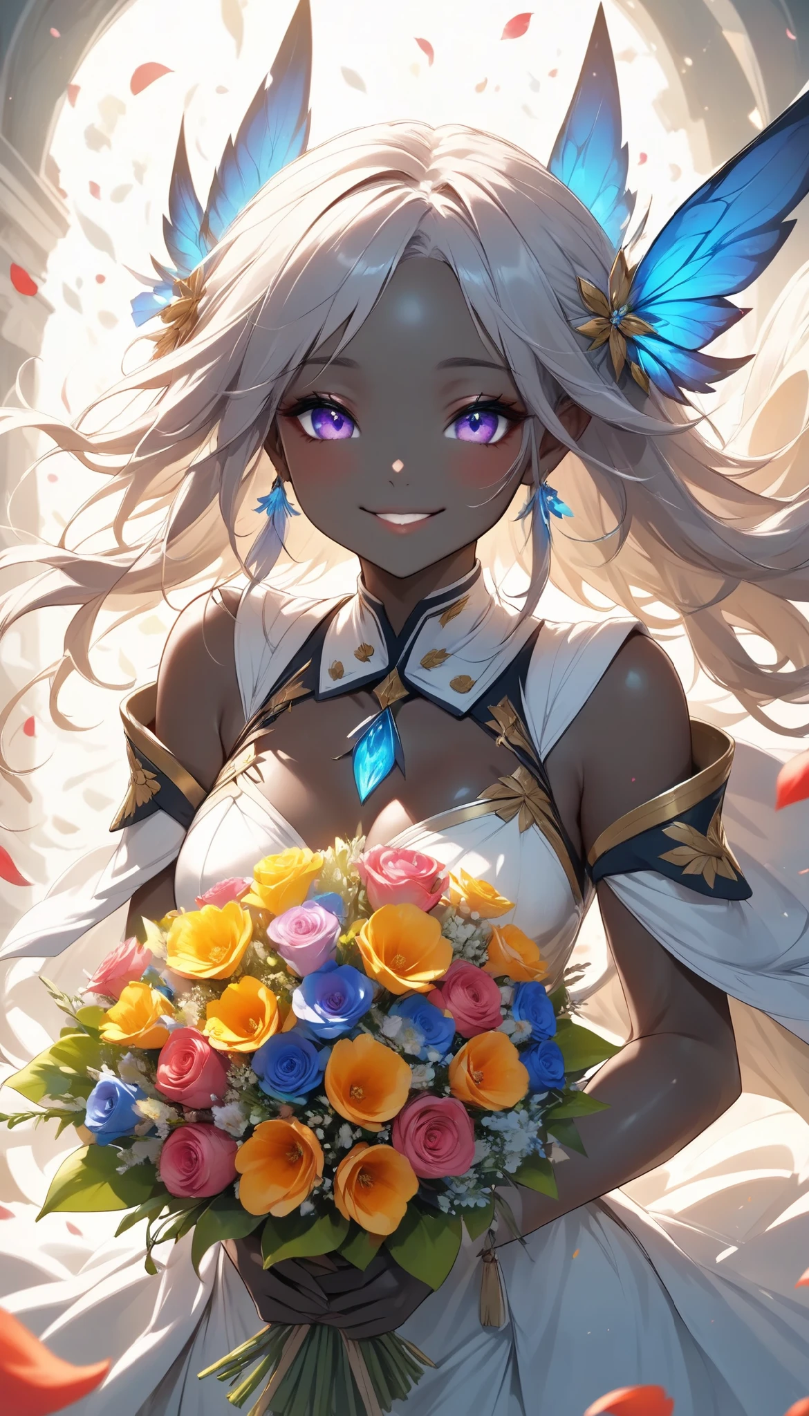 The text says , "thank you 4k followers" Handing you a bouquet, female Admiral , shot from above, \bouquet\, A wide range of colors,  Very Bright Colors ,  Superb details , Elaborate Petals ,  Splendid Fragrance Propagation , \character, "ATLAS",  female Admiral of the dark elf \,  cute smile, oily black skin,  looks very happy,  BREAK Celebrating a New milestone , spirit of the wind, bshp, black:100, 