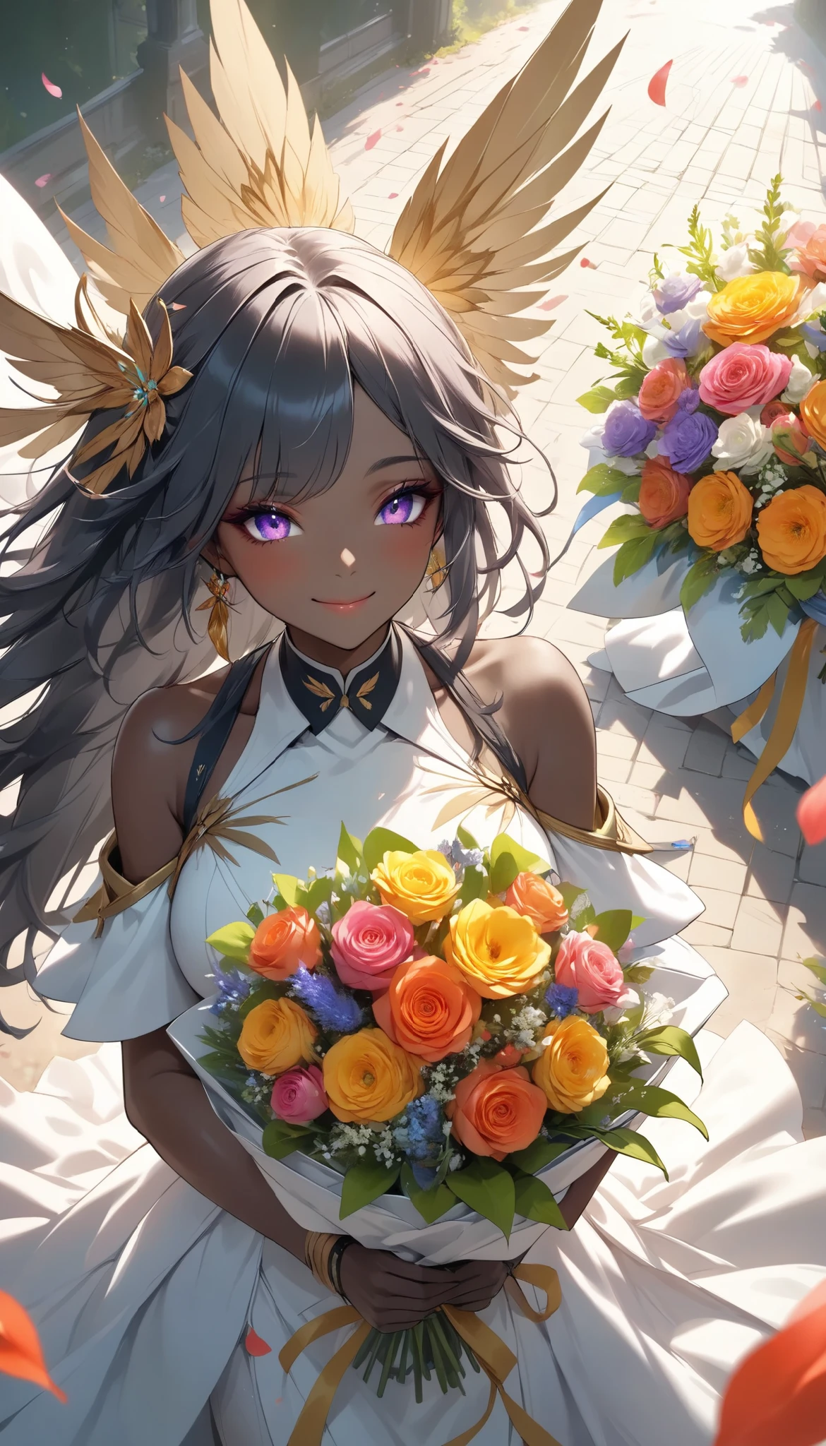 The text says , "thank you 4k followers" Handing you a bouquet, female Admiral , shot from above, \bouquet\, A wide range of colors,  Very Bright Colors ,  Superb details , Elaborate Petals ,  Splendid Fragrance Propagation , \character, "ATLAS",  female Admiral of the dark elf \,  cute smile, oily black skin,  looks very happy,  BREAK Celebrating a New milestone , spirit of the wind, bshp, black:100, 