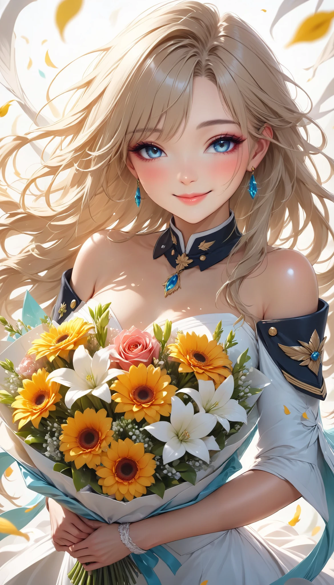 The text says , "thank you 4k followers" Handing you a bouquet, female Admiral , shot from above, \bouquet\, A wide range of colors,  Very Bright Colors ,  Superb details , Elaborate Petals ,  Splendid Fragrance Propagation , BREAK \female Admiral like the (elegant style,) \,  glossy skin, beautiful oily skin, shiny skin, gentle smile, glossy soft lip, looks very happy,  natural transformation, BREAK Celebrating a New milestone , bshp,  spirit of the wind,