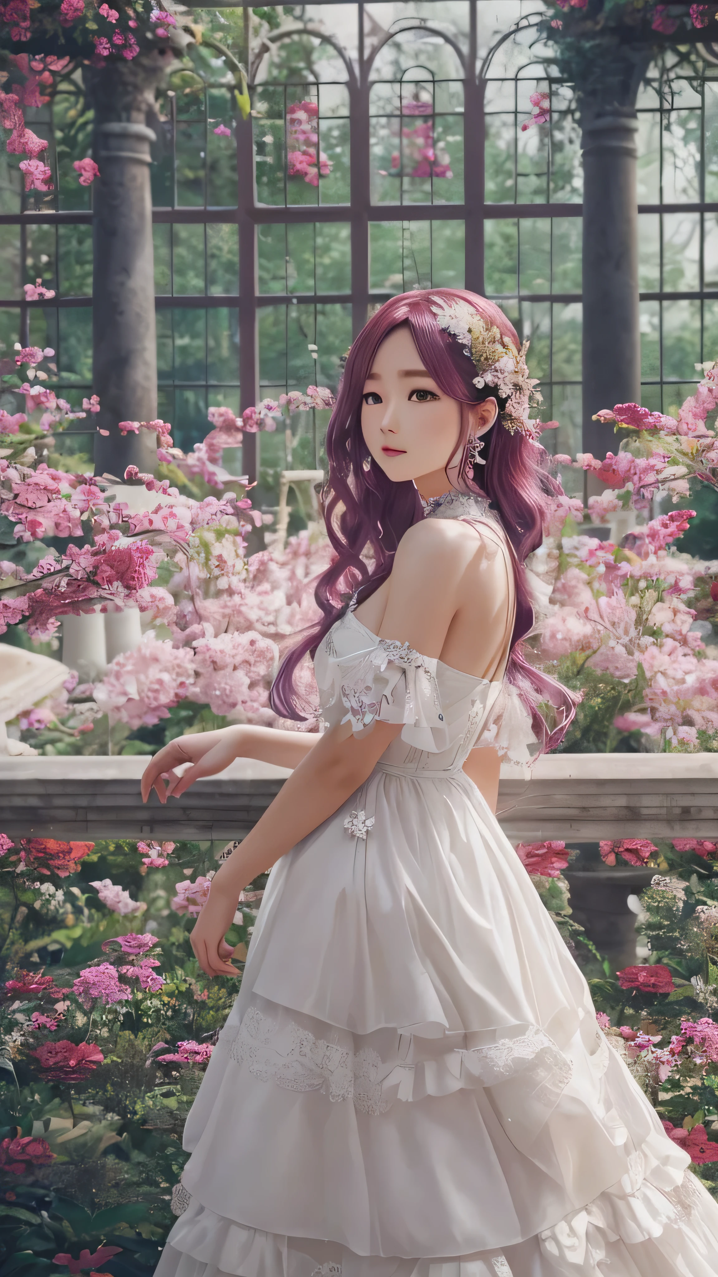  highdefinition images , white dress,  a huge space with cute hair ornaments, Maroon hair in the garden ,顔の Details、  beauty,  is tall, Inside a huge space  ,  long hair,  Clevis on the Stone , Emotionless,  Details, whole body,  a colorful botanical garden venue 。