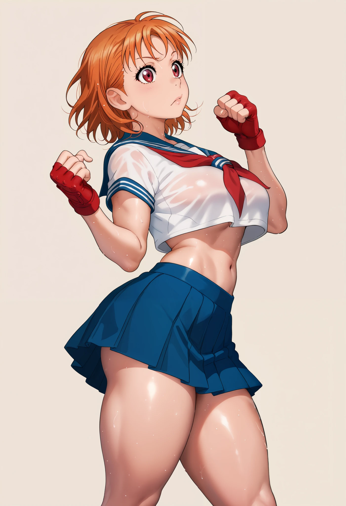 Solo,1girl, takami chika, medium hair, orange hair, red eyes,standing, sporty athletic build, confident pose, big breasts, breasts outlines, score_9, score_8_up, score_7_up, score_6_up,blue skirt, crop top, midriff, miniskirt, navel, sailor , school uniform, short sleeves, skirt, stomach, shirt, white shirt, red fingerless gloves,sweating, detailed body, shiny skin , RUKIA Style, web comic,toned thighs, sexy pose, simple background, clenched hands, slightly from side,underbutt