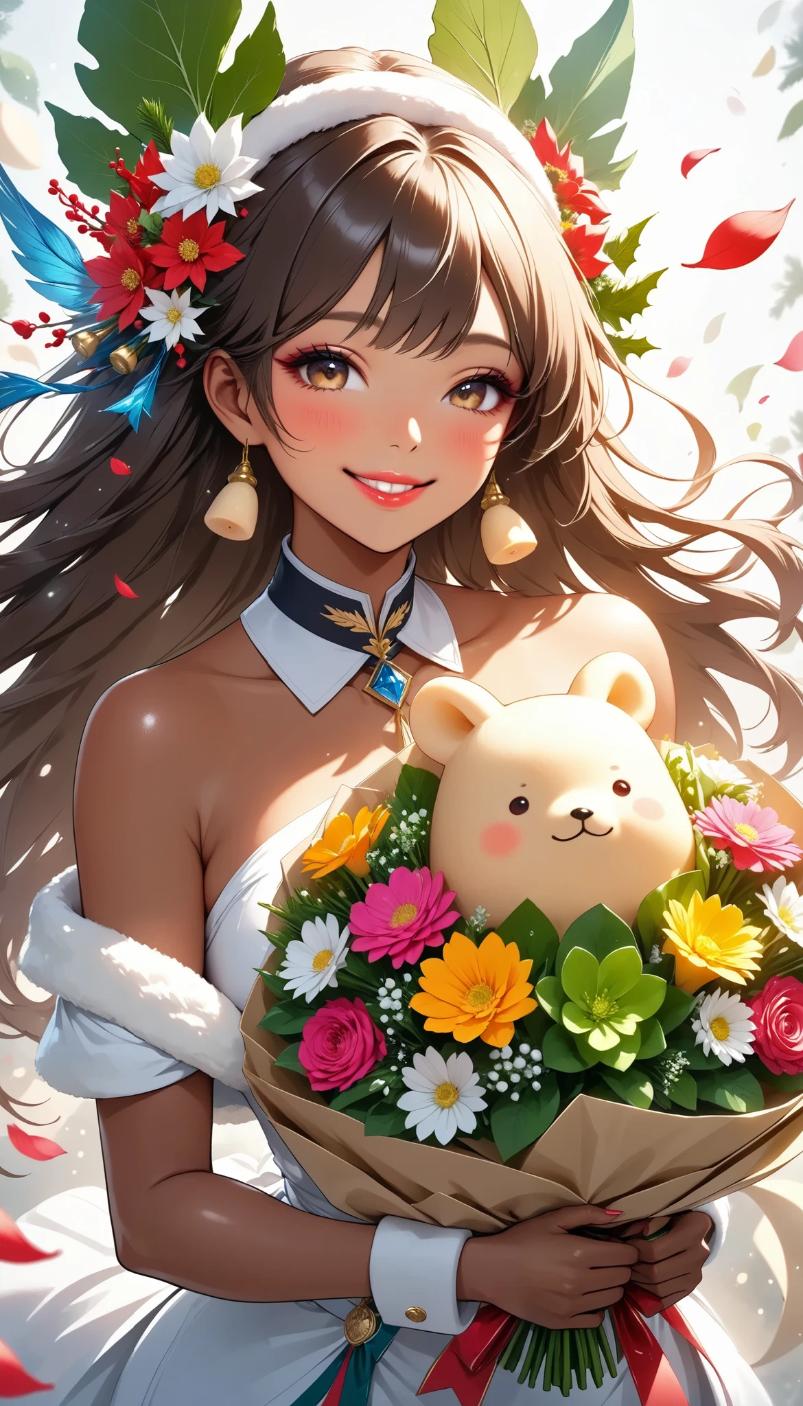 The text says , "thank you 4k followers" Handing you a bouquet, female Admiral , shot from above, \bouquet\, A wide range of colors,  Very Bright Colors ,  Superb details , Elaborate Petals ,  Splendid Fragrance Propagation , BREAK \female Admiral like the (DAIKON style,) \,  glossy brown skin, beautiful oily skin, shiny skin, attractive daikon smile, glossy pink lip, looks very happy,  natural transformation, BREAK Celebrating a New milestone , Christmas, spirit of the wind,