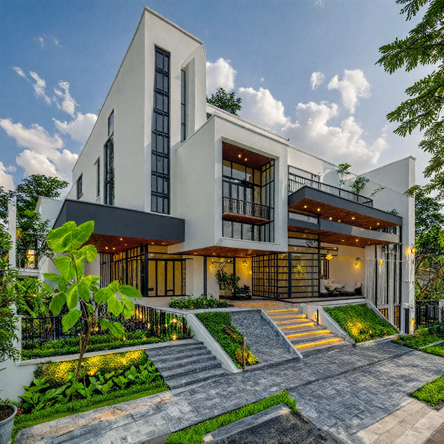 (masterpiece:1.2), best quality, photo of A two-story modern house in VietNam with white walls and dark tiles on the roof., tree and plant environment,daylight, streetcapes, natural light, vivid color, The exterior of an elegant single family home features large windows, a dark gray door frame.