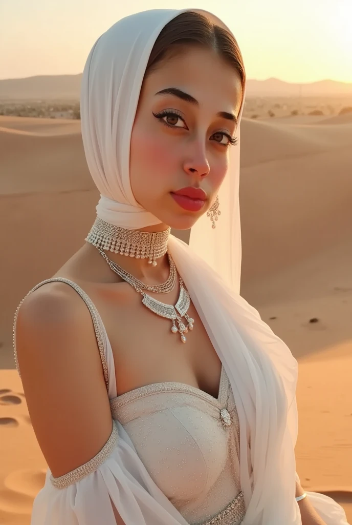 glowing white skin, beautiful face, veiled, egyption ribal theme, silver jewelry, ((crystal clear bright hazel eyes:1.2)), detailed eyes, beautiful masterpiece, UHD, 8K)), Depth of field, sand dunes, cleavage, large breasts, focus on eyes, breasts popping out, detailed skin, texture skin, sexy shoulders, golden hour, highly detailed skin, long eyelashes, black mascara, perfect face, sheer djellaba, long abaya, flowing, blowing, shimmering, bbw, curvy, iridescent, full body, show feet, show legs
