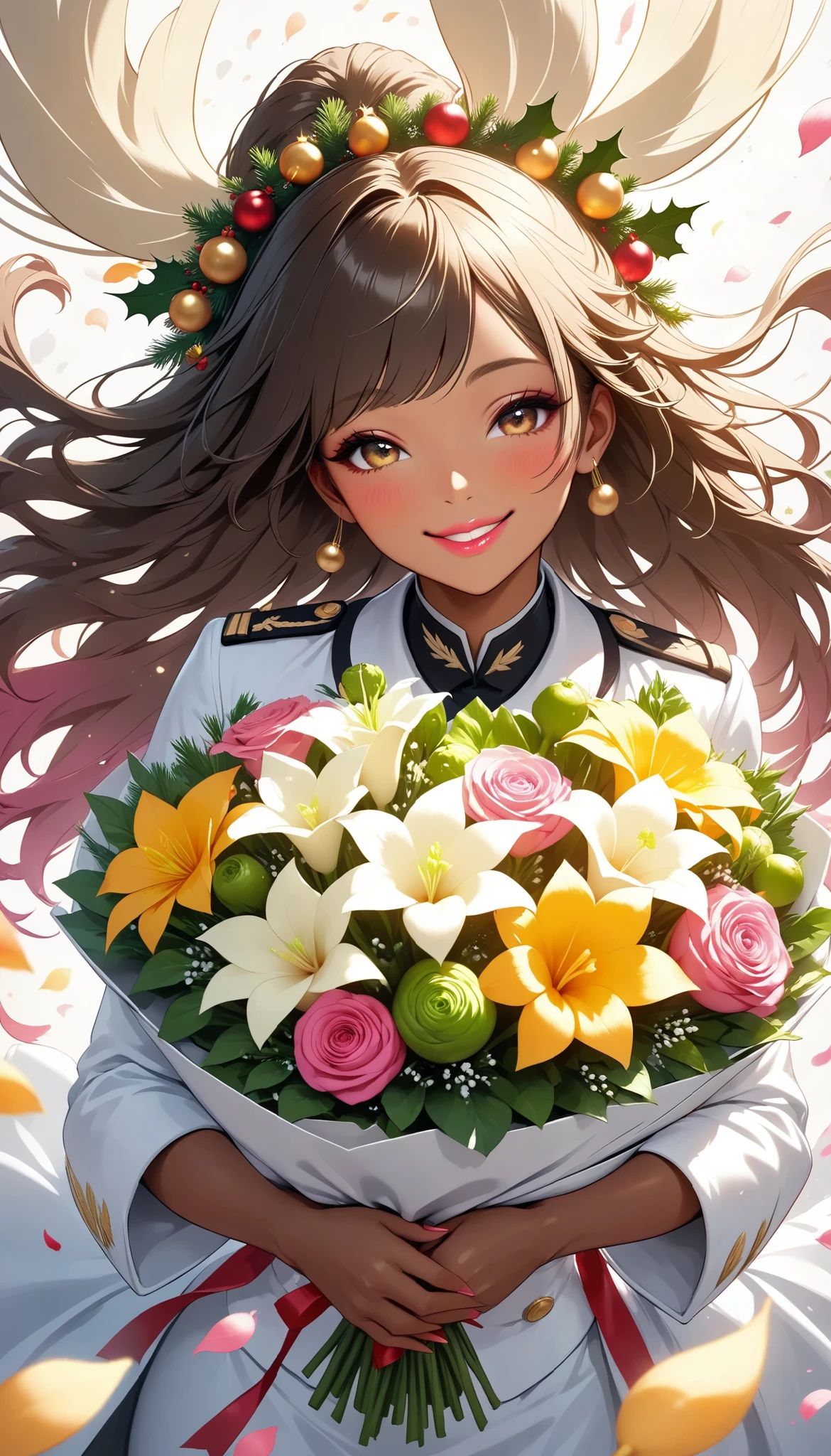 The text says , "thank you 4k followers" Handing you a bouquet, female Admiral , shot from above, \bouquet\, A wide range of colors,  Very Bright Colors ,  Superb details , Elaborate Petals ,  Splendid Fragrance Propagation , BREAK \female Admiral like the (DAIKON style,) \,  glossy brown skin, beautiful oily skin, shiny skin, attractive daikon smile, glossy pink lip, looks very happy,  natural transformation, BREAK Celebrating a New milestone , Christmas, spirit of the wind,