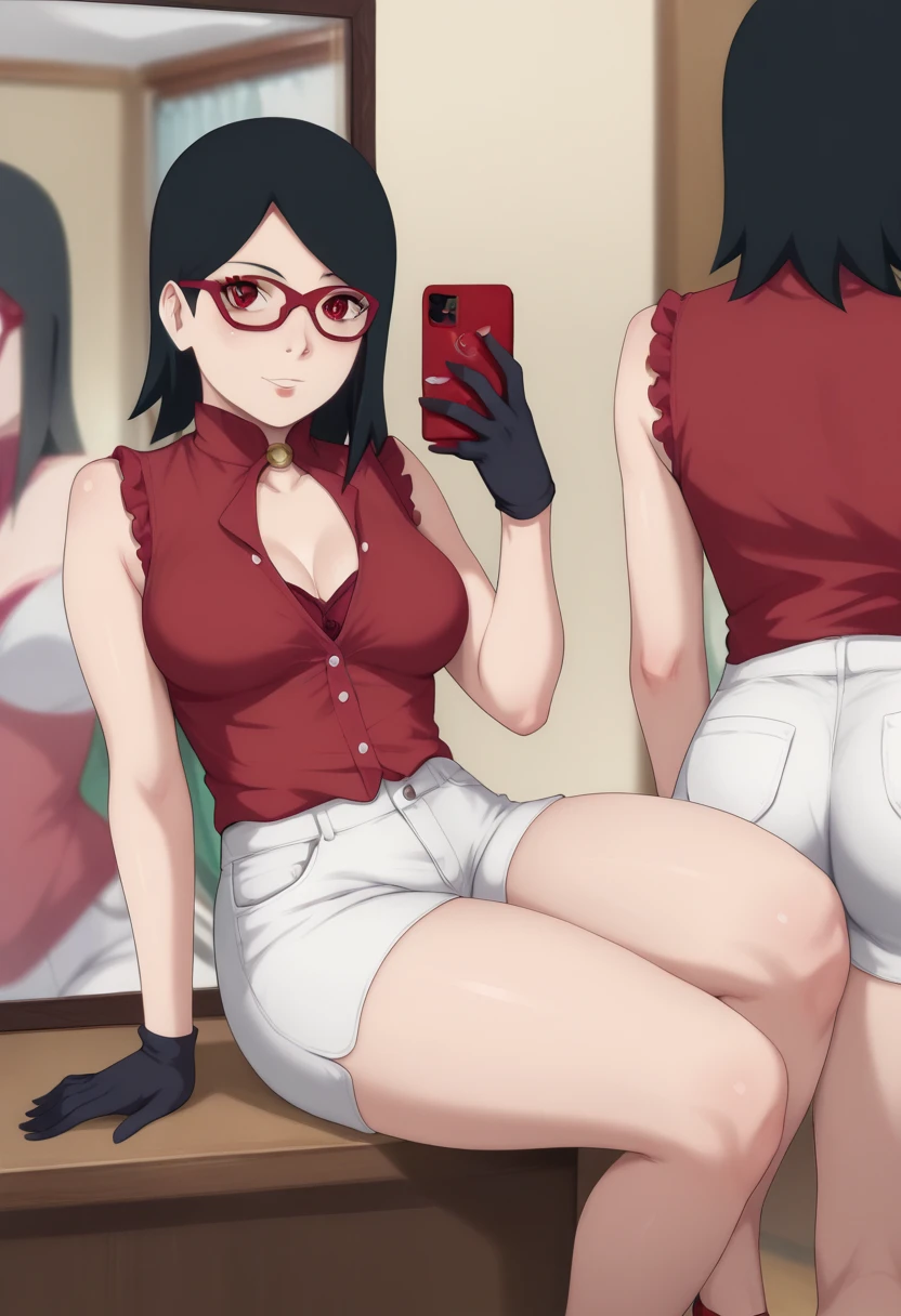 Sarado Uchiha short black hair glasses red eyes Black medium breasts large abdomen sarado red blouse black gloves white shorts thick thighs Big with cell phone in hand in front of the sexy mirror