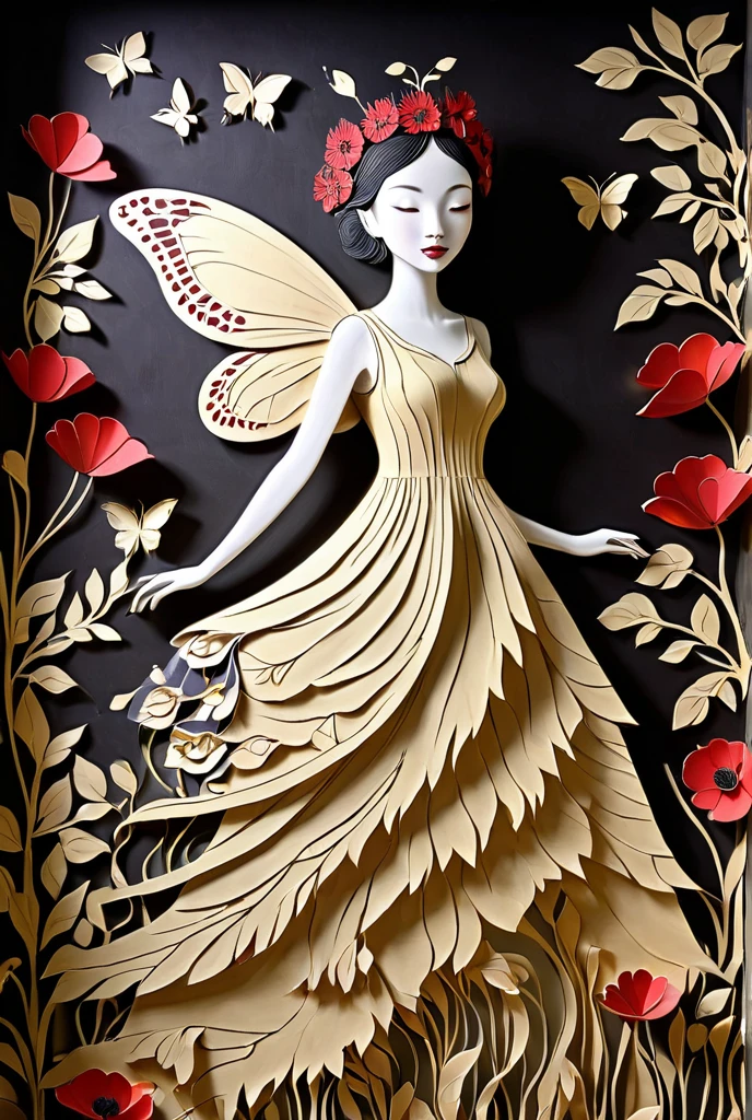 





on the black-beige-gold wall, the shadow of a fairy butterfly girl in a gond painting crown primitive naive ren's drawing by Marlier.
 on top of the layer live 3d relief burgundy poppies adorn Lim Ji Wei's dress and crown  + Edgar Artis .
vk art ,  softly airy , Light and shadow