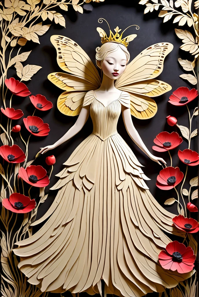 





on the black-beige-gold wall, the shadow of a fairy butterfly girl in a gond painting crown primitive naive ren's drawing by Marlier.
 on top of the layer live 3d relief burgundy poppies adorn Lim Ji Wei's dress and crown  + Edgar Artis .
vk art ,  softly airy , Light and shadow