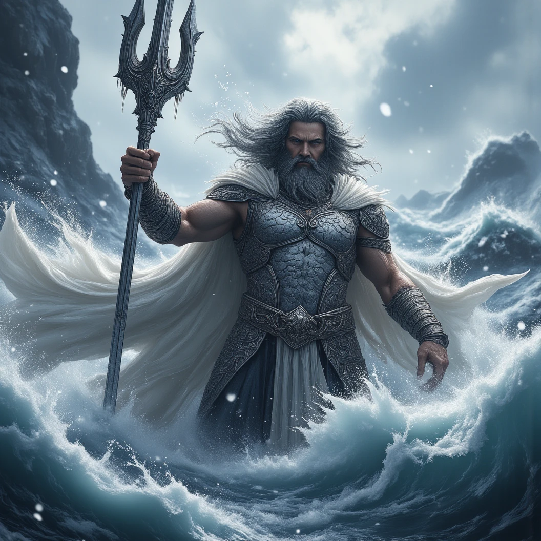 giant God emerging from the water, powerful and beautiful face and very detailed, lightning and storm in the sky, intricately detailed robes, determined gaze, 50mm camera, epic, dramatic environment, blazing light