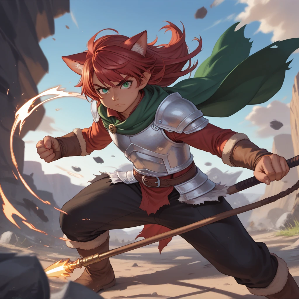 Young Kemono Elf Man Half Beast, Your hair and fur are red,  fighting in the middle of a plain,  her clothes are torn and her armor in pieces ,  her expression is fierce and her eyes are serious ,  in her left hand she holds an impressive spear with a long blue fabric that wraps around it,  her other hand is in a claw shape ,  her red hair wobbles in the wind ,  dark skin under the red fur , deep green eyes , iris feral,  animal ears ,  Wolf ears ,  body hair , Alone,  Battlefield,  magic and shadows in the background ,  long hair , by the bodies, Alone, 1 man. humanoid face.