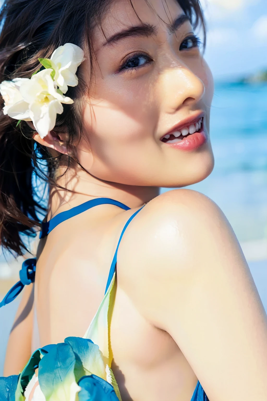 cute short hair。 cute faces 。 Sexy Long Neck 。 looks up and shows her sensual throat。 huge breasts that would surprise people to see。 slender body on beach back。 sexy hipped 。Exciting 。 thin waist。 No matter who sees it, a cute girl 。 Japanese。 bikini is everyday clothes 。 tall 。