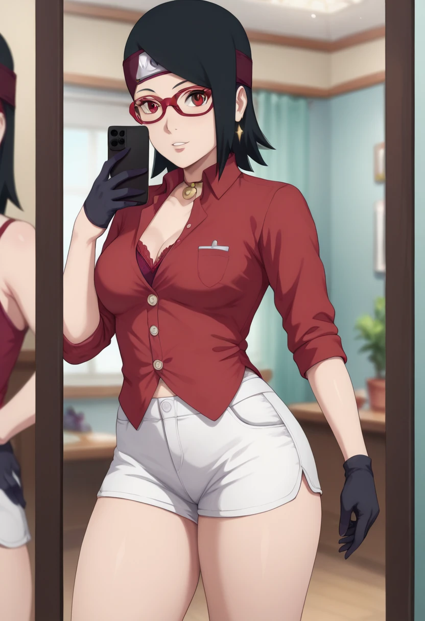 Sarado Uchiha short black hair glasses red eyes Black medium breasts large abdomen sarado red blouse black gloves white shorts thick thighs Big with cell phone in hand in front of the sexy mirror