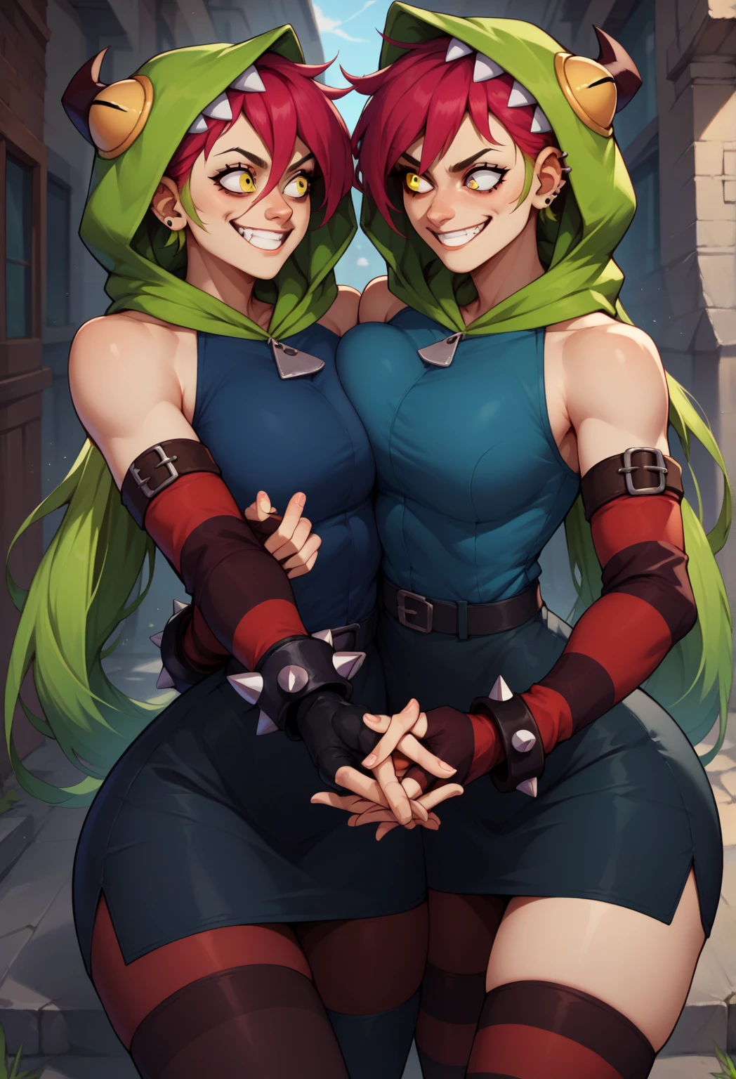 demenciaXL, 2girls, solo, smile, long hair, breasts, black skirt, large breasts, gloves, bare shoulders, jewelry, yellow eye, black eye, pantyhose, red hair, green hair, hood, heterochromia, fingerless gloves, bracelet, two-tone hair, hoodie, piercing, spikes, spiked bracelet, thigh highs, better hands, clones herself, looking at each other, holding hands, tango