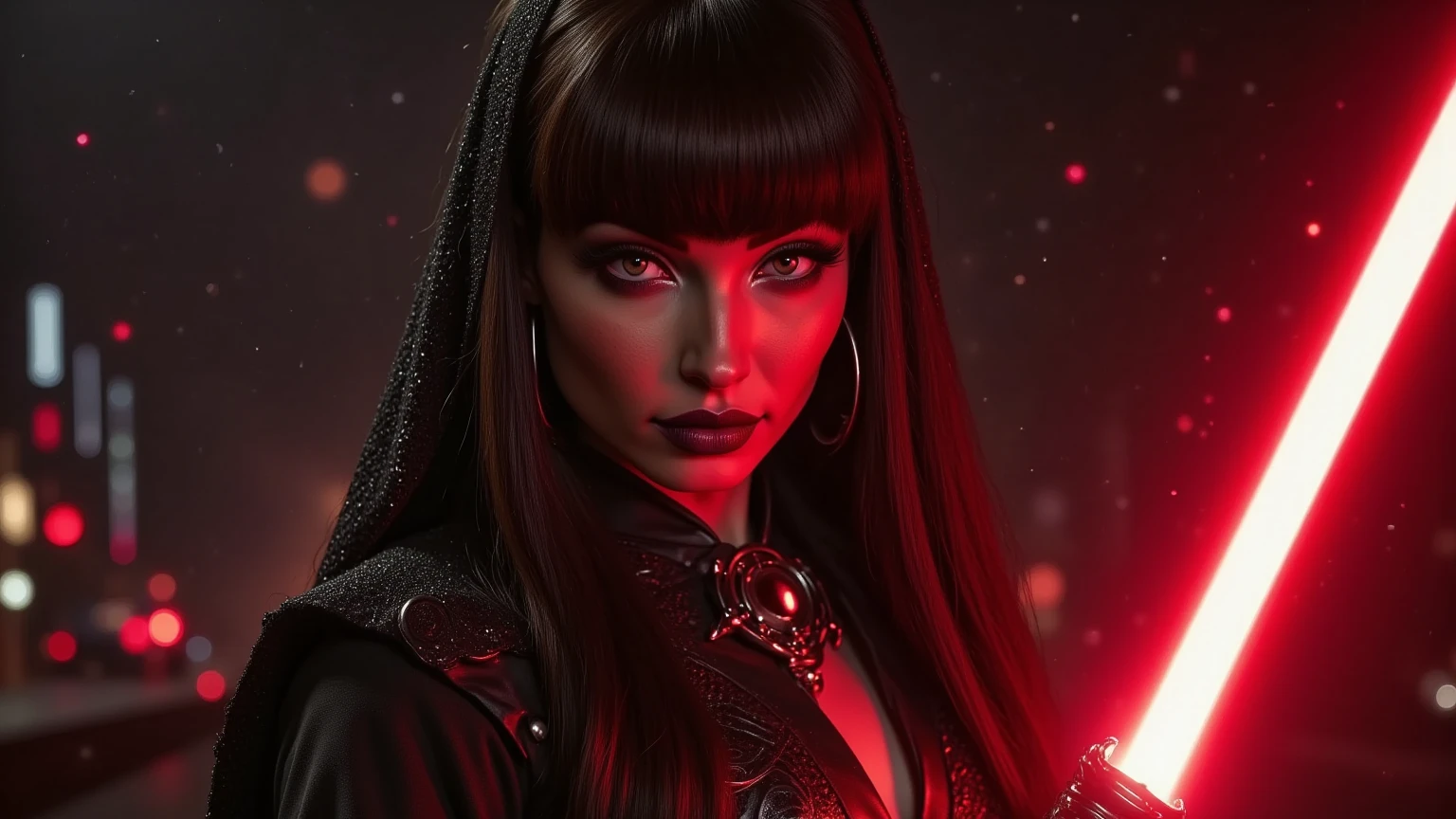 full body shot, female warrior, sith lord, star wars, red lightsaber, intricate details,beautiful detailed eyes, beautiful detailed lips, extremely detailed face, long eyelashes, evil look, diabolic, dramatic lighting, dark fantasy, chiaroscuro, cinematic composition, dramatic pose, dynamic action, moody atmosphere, deep shadows, vibrant colors, photorealistic, 8k, masterpiece