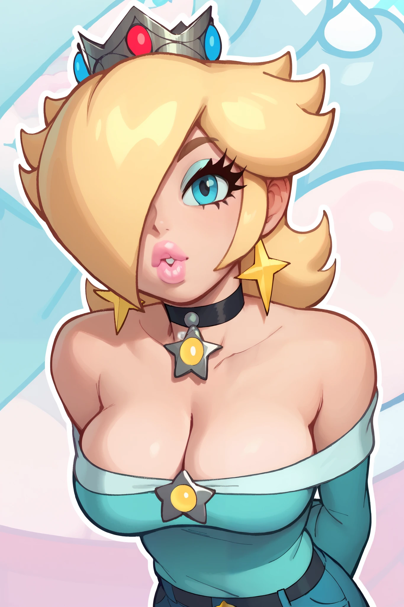 score_9, score_8_up, score_7_up, 1girl, solo, princess_rosalina, blonde hair, blue eyes, pink lips, facing viewer, pattern background, black choker, blue tube top, looking at viewer, parted lips, lip gloss, upper body, cleavage, jeans, arms behind back, full lips