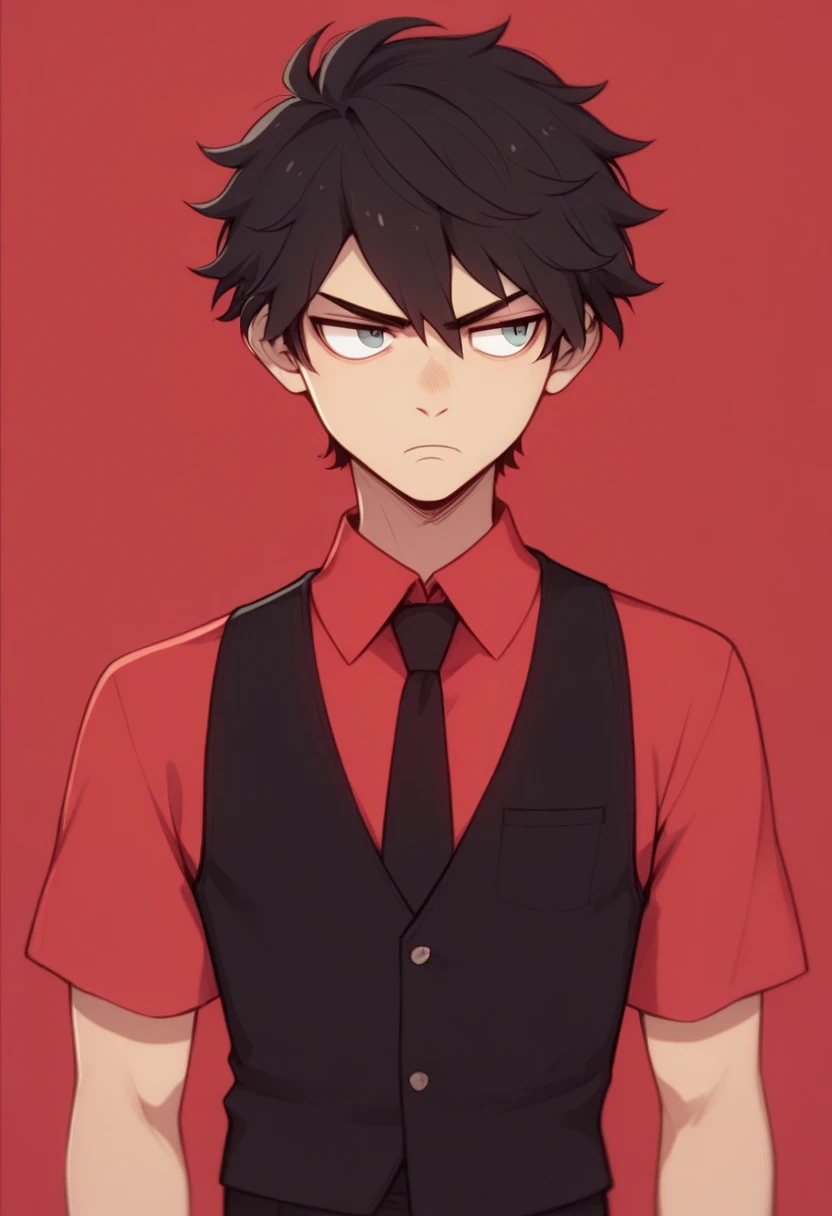 Short haired boy,  wavy black hair with red tips , Ojos rojos, Ojos rojos, Ojos rojos, wearing a long red shirt with a black tie,  and wearing a black vest over ,  black gloves, Facing the spectator,  arms at the sides, looking seriously ,  looking at the spectator , Serious,  Expressive,  Red background . 