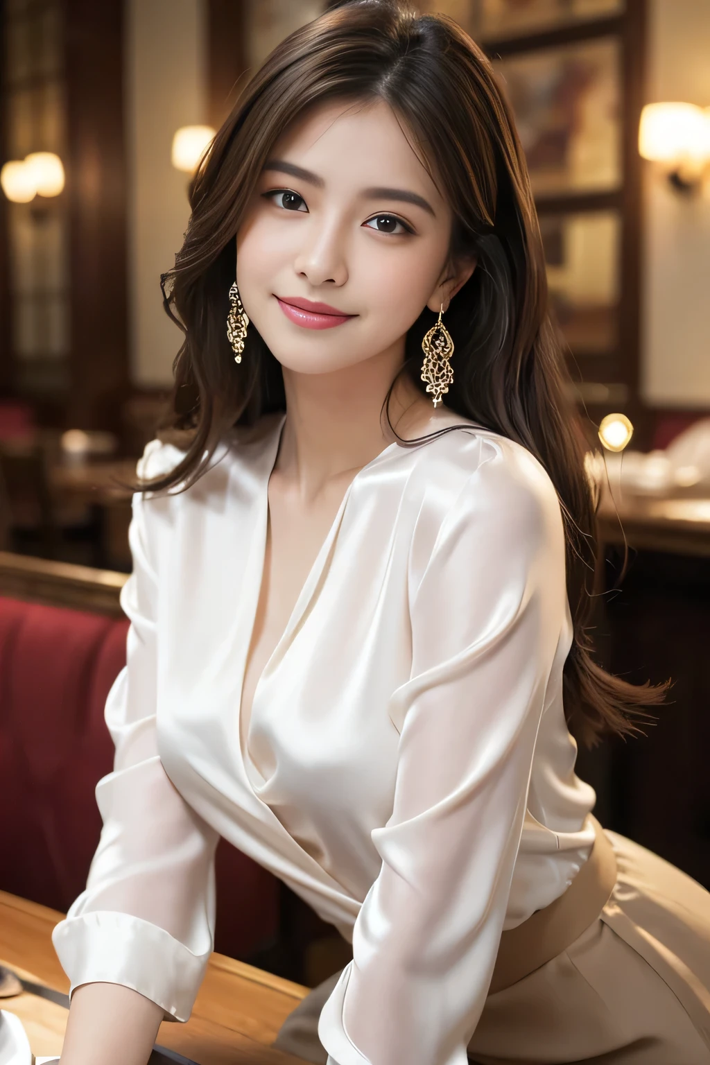 ((masterpiece)), ((Highest quality)), ((Complex)), ((Surreal)), (Realistic), (Mature Woman), ((There are no classes)), Very detailed, (1 female), Beautiful and exquisite, (Beautiful Teeth), Grin, Brunette bob hair, Brown eyes, ((blouse)), (Upper Body), (background:none), Perfect Eyes, Captivating eyes, Looking at the audience