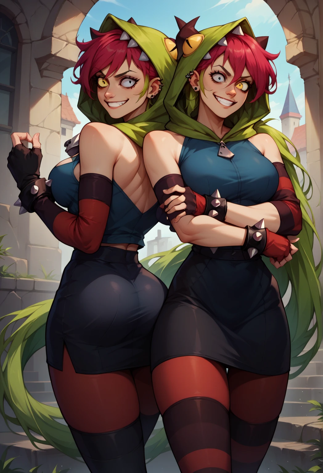 demenciaXL, 2girls, solo, smile, long hair, breasts, black skirt, large breasts, gloves, bare shoulders, jewelry, yellow eye, black eye, pantyhose, red hair, green hair, hood, heterochromia, fingerless gloves, bracelet, two-tone hair, hoodie, piercing, spikes, spiked bracelet, thigh highs, clones herself, back to back, crossing arms