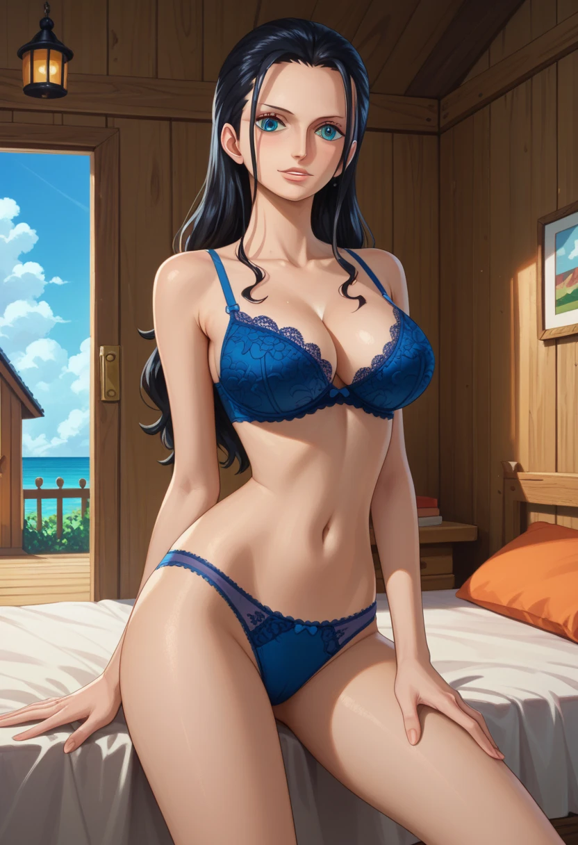 (1 girl:1.2) , (bikini apertado:1.2) , (thick thighs:1.1) , (sfw:1.2), (facing the camera:1.2) , (black hair:1) , wavy hair, (pale skin:1.2), whole body, (sentada:1.2), sentada sobre a cama, in bedroom, pose sensual, muito linda, beleza, (highres:1.2), 8k.