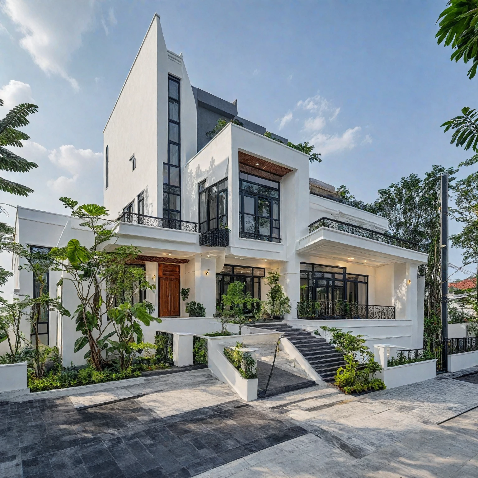 (masterpiece:1.2), best quality, photo of A two-story modern house in VietNam with white walls and dark tiles on the roof., tree and plant environment,daylight, streetcapes, natural light, vivid color, The exterior of an elegant single family home features large windows, a dark gray door frame.