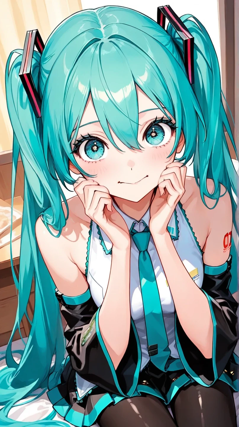 (masterpiece), ( top quality),  very detailed,  high resolution,  One Girl ,  Single Focus ,  skin dimentation, pantyhose， perfect face,   puffy face  ,  beautiful faces,  big eyes, Swollen eyes,  perfect eyes, eyelash， Hatsune Miku ， very detailedな顔，hermosa 