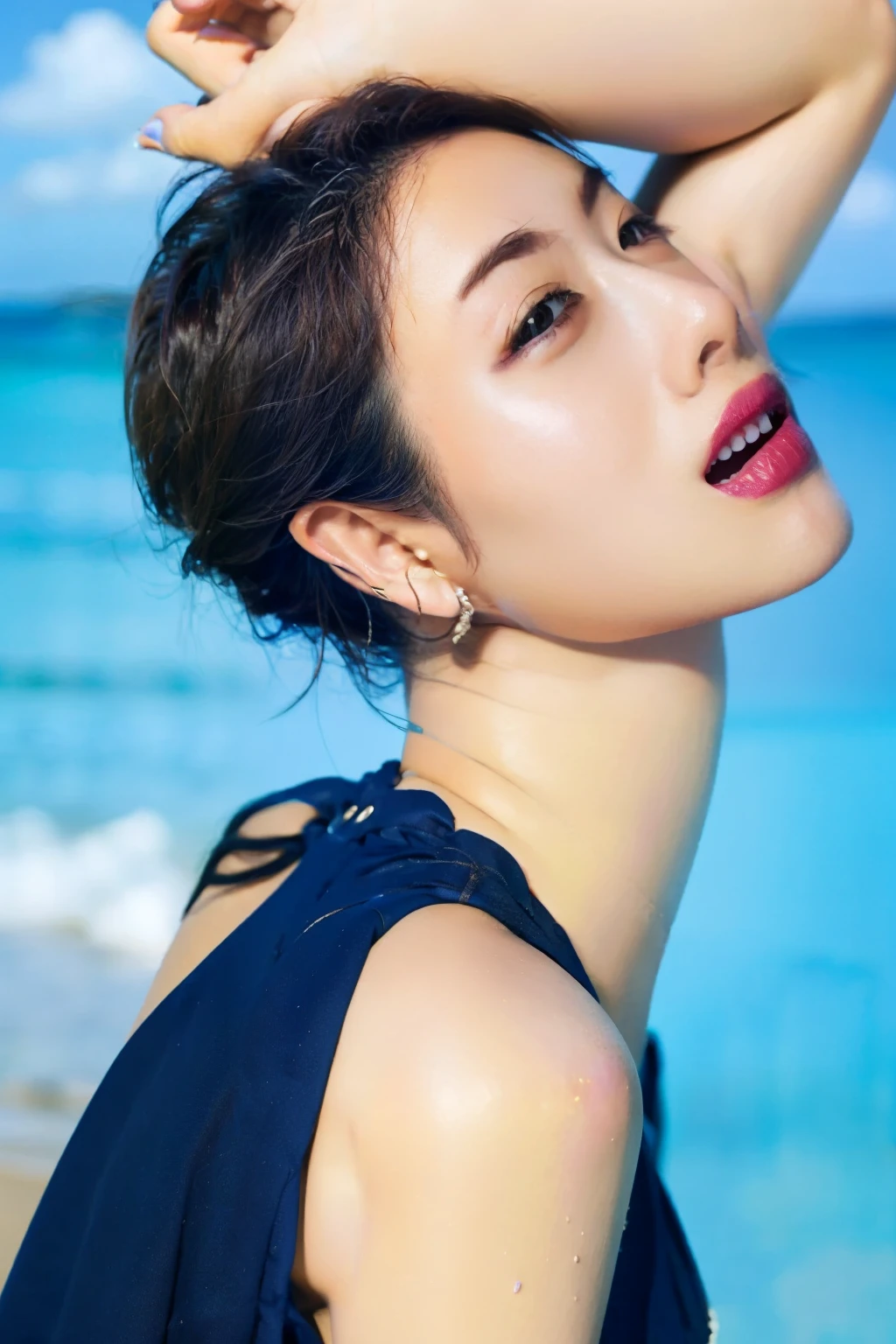 cute short hair。 cute faces 。 Sexy Long Neck 。 looks up and shows her sensual throat。 huge breasts that would surprise people to see。 slender body on beach back。 sexy hipped 。Exciting 。 thin waist。 No matter who sees it, a cute girl 。 Japanese。 bikini is everyday clothes 。 tall 。