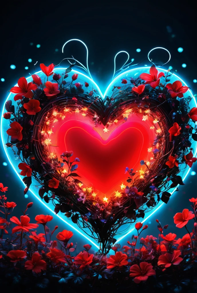 red on white ,  neon silhouette of a big heart,  flowers close-up ,  digital art, Love, glowing stars,  Transparent , exquisitely, beautiful, magical,  masterpiece fails