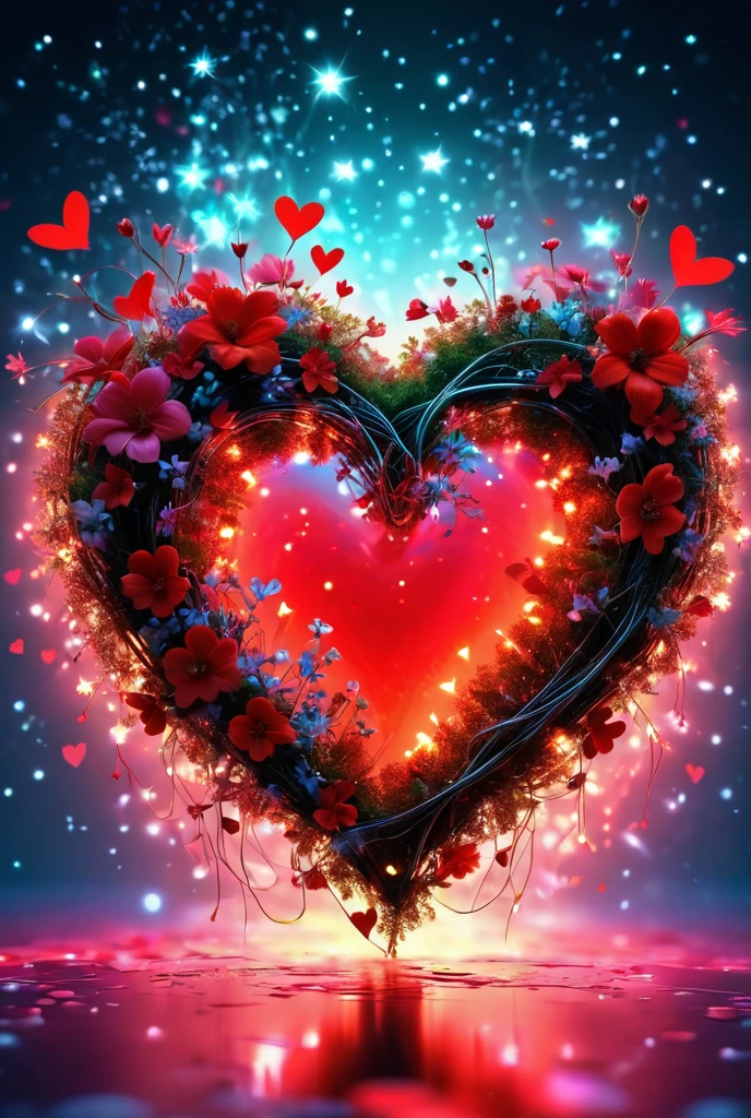 red on white ,  neon silhouette of a big heart,  flowers close-up ,  digital art, Love, glowing stars,  Transparent , exquisitely, beautiful, magical,  masterpiece fails