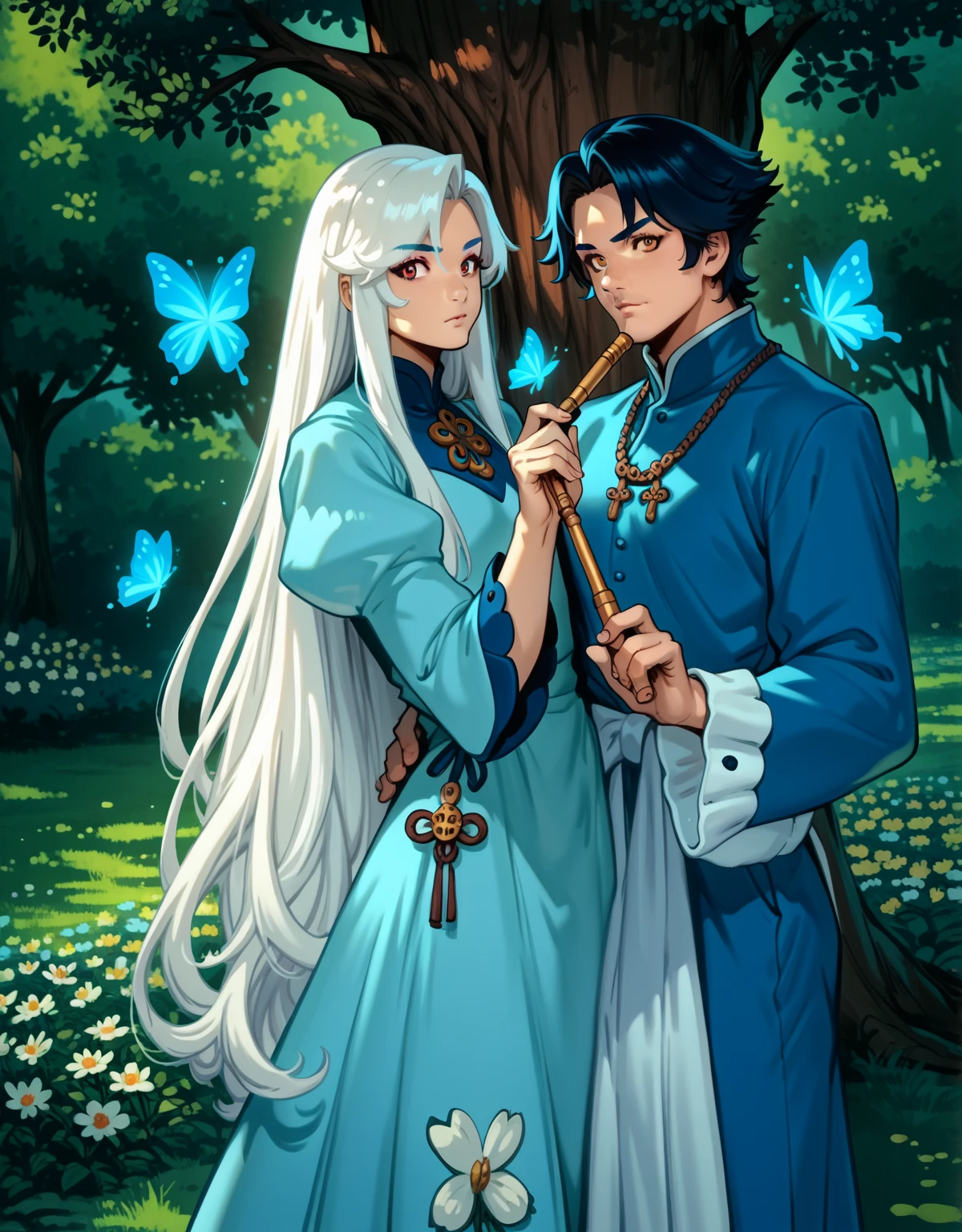 (best quality)), ((masterpiece)), (detailed), a handsome and cute tall white skin tone asian androgine boy with very long white hair, A realistic wonderland valley full of glowing flowers, glowing butterflies and big sakura tree and under the shade of tree standing a handsome teen androgine boy in red traditional chinese dress playing flute nighttime scenerio under bluemoon full picture, Cabello largo, Cabello muy largo, 